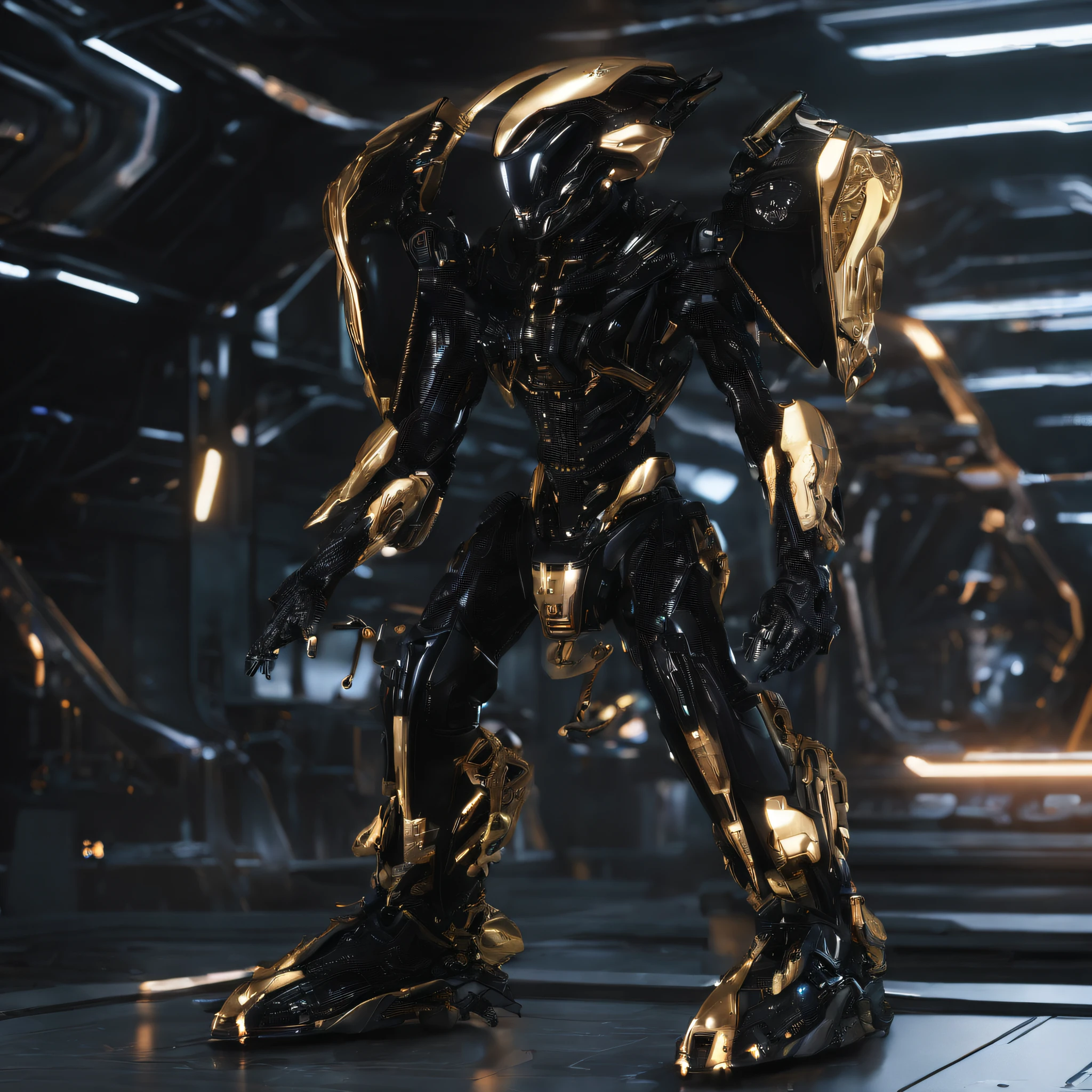 An alien,solo,full bodyesbian,Humanoid,mechs,(Wearing inky black clothes/Mecha with golden zirconia ceramic surface:1.5),(((Hard surface properties))),(((streamlined line design))),It has refined features in a sci-fi environment,with light glowing, Sparks and lights, best qualtiy,tmasterpiece,Photorealsitic, Highly detailed, iintricate,unreal 5 render,