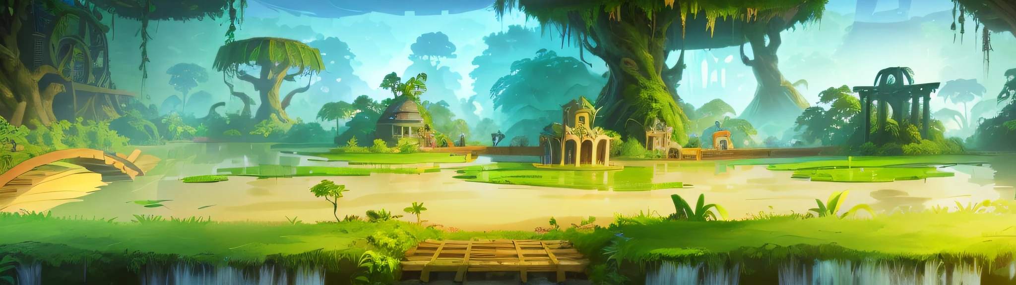 Cartoon scene of forest with bridge and pond, background jungle, Mobile game background, jungle background with ruins, arte de fundo, Mobile game art, 2d game environment design, 2 D game art background, 2d game background, jungle backdrop, 2 d game art, 2D game art, game background, jungles in the background, jungle setting
