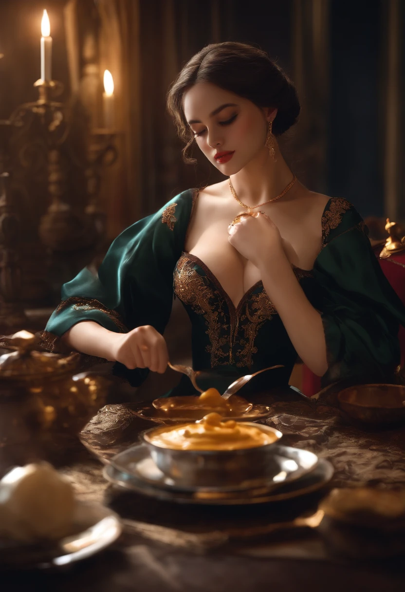 1girll, Solo, Sitting,Broken clothes,blacksilk,Bigchest, Table, spoon, pudding,, Masterpiece, Best quality,