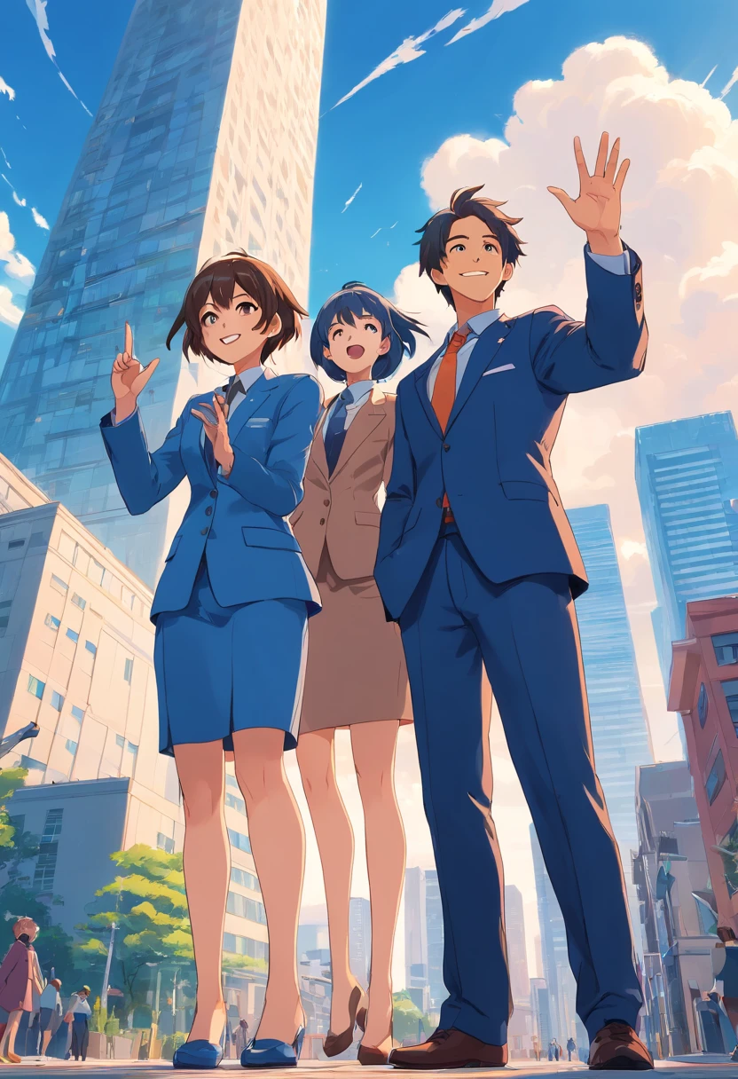 Two men and one woman in suits, celebrating with one hand waving upwards and smiling, behind a blue high-rise building with a blue sky and white clouds in the background，clay, in the style of soft and rounded forms,, magewave, website, bryce 3d, cute cartoonish designs