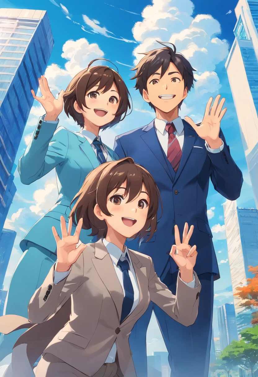 Two men and one woman in suits, celebrating with one hand waving upwards and smiling, behind a blue high-rise building with a blue sky and white clouds in the background,clay, in the style of soft and rounded forms,, magewave, website, bryce 3d, cute cartoonish designs