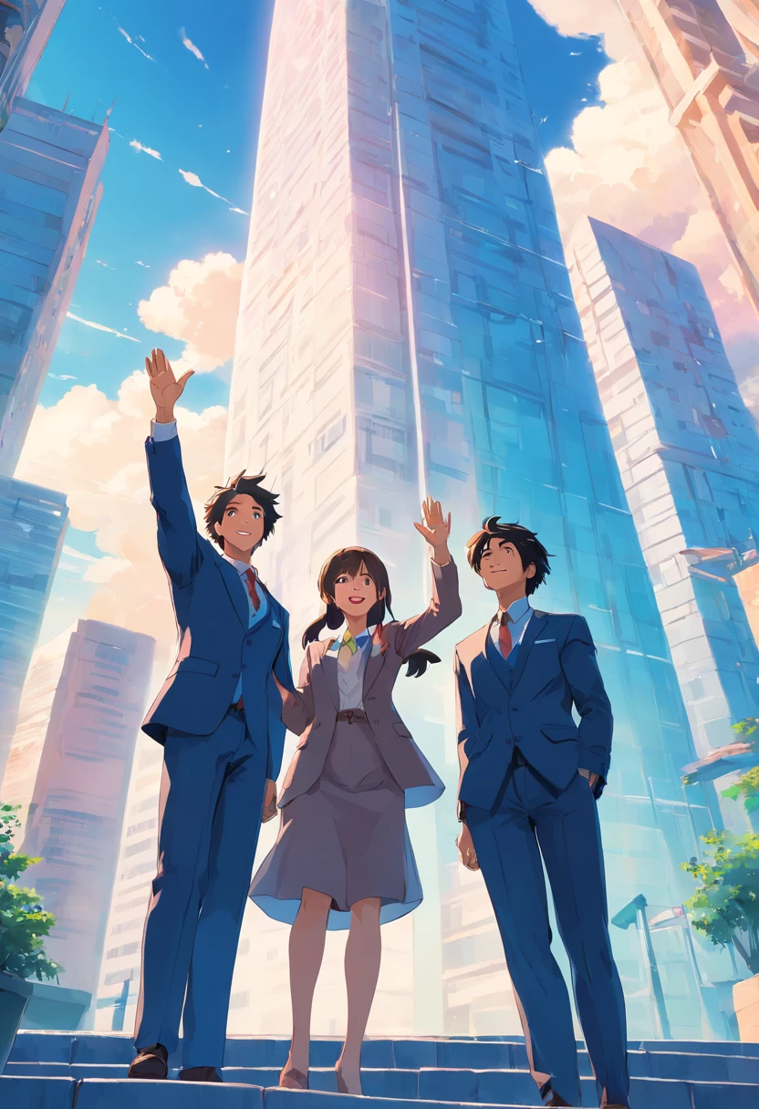 Two men and one woman in suits, celebrating with one hand waving upwards and smiling, behind a blue high-rise building with a blue sky and white clouds in the background，clay, in the style of soft and rounded forms,, magewave, website, bryce 3d, cute cartoonish designs