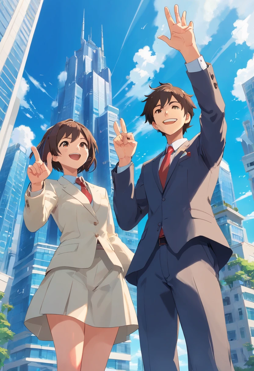 Two men and one woman in suits, celebrating with one hand waving upwards and smiling, behind a blue high-rise building with a blue sky and white clouds in the background,clay, in the style of soft and rounded forms,, magewave, website, bryce 3d, cute cartoonish designs