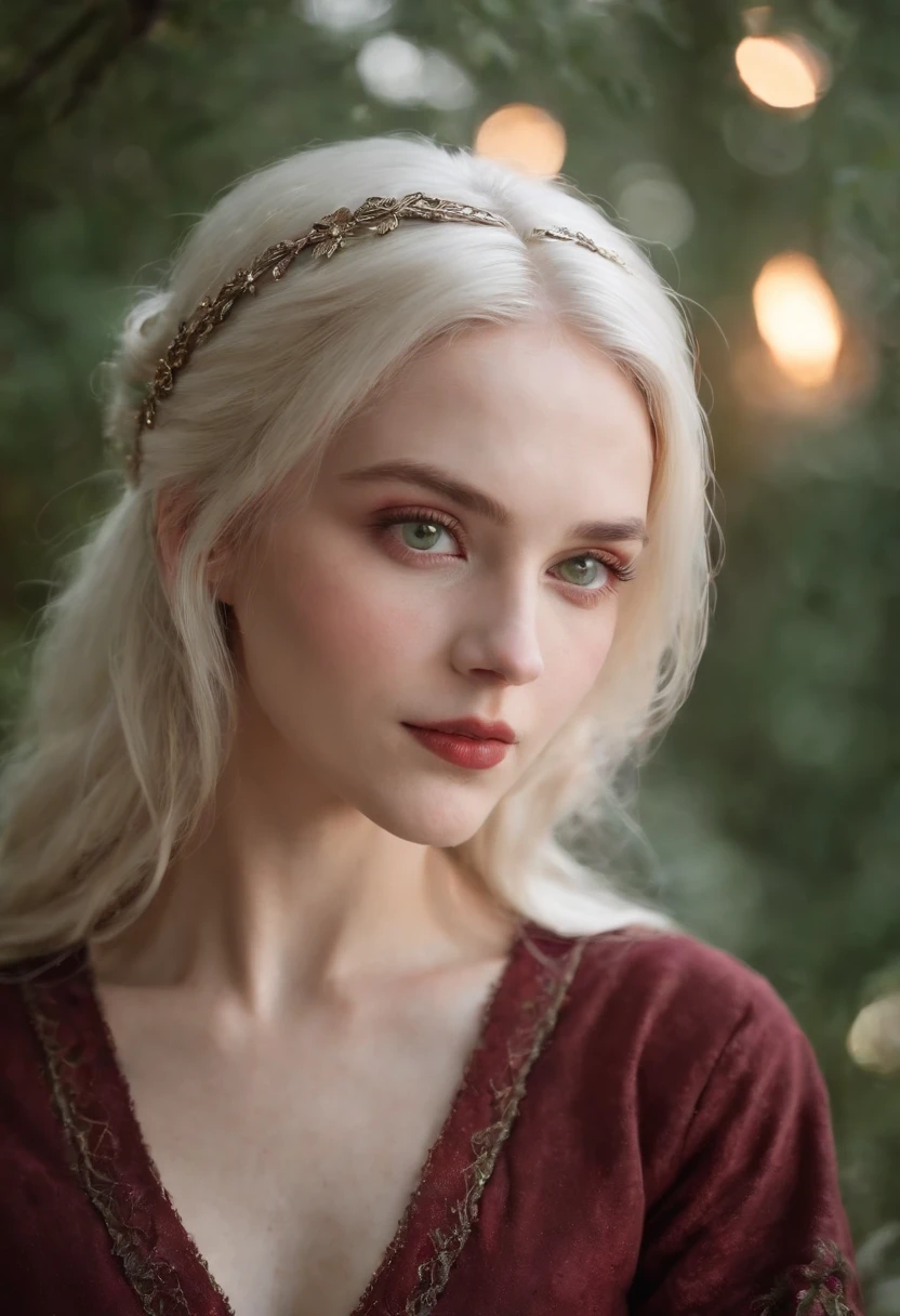 (((a deep reddish wound crosses her left cheek))) fair complexion, woman around 19 years old, natural white hair, distinctive green eyes, wearing kohl, slender and graceful, beautiful, candlelight in a medieval setting, ultra sharp focus, realistic shot, medieval female clothes, tetradic colors (scar:1.4)