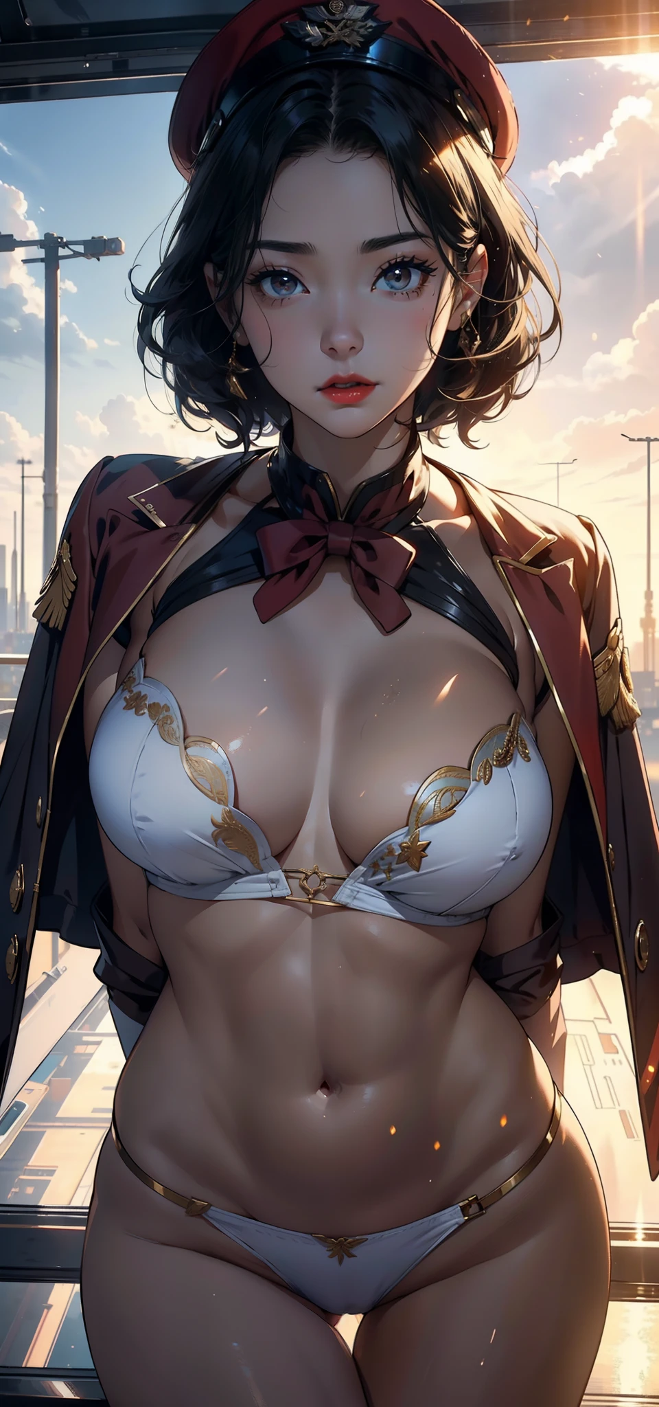 1female,35yo,plumw,extremely large bosom, 独奏,(Background with:A desert,aerodrome,Planes) She has very short black hair,bobo head,Stand on the plane,,seen from the front, curlies, mostly cloudy sky,(((tmasterpiece),(Very detailed CG unity 8K wallpaper),best qualtiy,cinmatic lighting,detailed back ground,beatiful detailed eyes,Bright pupils,Black eyes,Snow-white skin,Redlip(Very fine and beautiful),(Beautiful and detailed eye description),ultra - detailed,tmasterpiece,)),facing at camera,A high resolution,ultra - detailed),revealing breasts,Bare genitalia, Bulge,legs are open,Raised sexy,Camel toes,Flushed complexion,Desire for dissatisfaction,frontage,Chinese Air Force,Aviator,Officer's cap(Wearing:Red cape,white suit jacket,Gold wire embroidery,tailcoat,neck bowtie,Black pantyhose,Bare breasts)