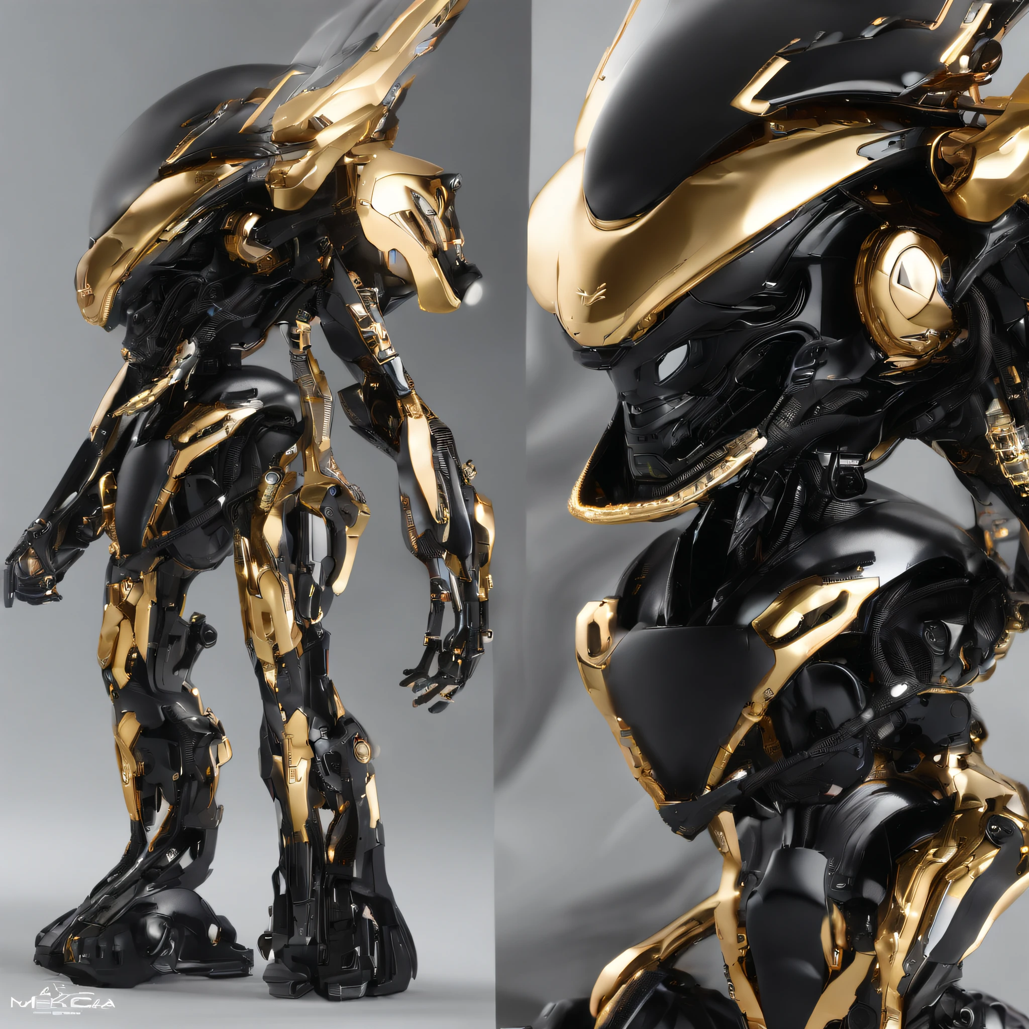 An alien，solo，full bodyesbian，Humanoid，mechs，(Wearing inky black clothes/Mecha with golden zirconia ceramic surface:1.5)，(((Hard surface properties)))，(((streamlined line design)))，It has refined features in a sci-fi environment,with light glowing, Sparks and lights, best qualtiy，tmasterpiece，Photorealsitic, Highly detailed, iintricate，unreal 5 render，