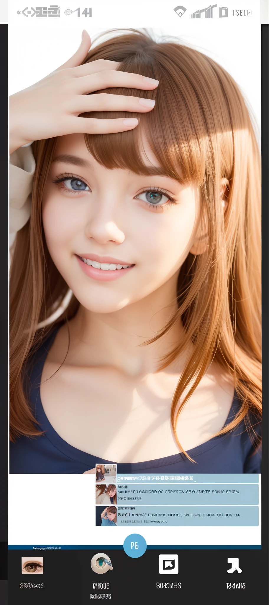 1 girl, brown hair, brown eye, smile, blue shirt, Pothograpy, best image quality,masterpiece, realistic, ultra detail, ultra realistic.