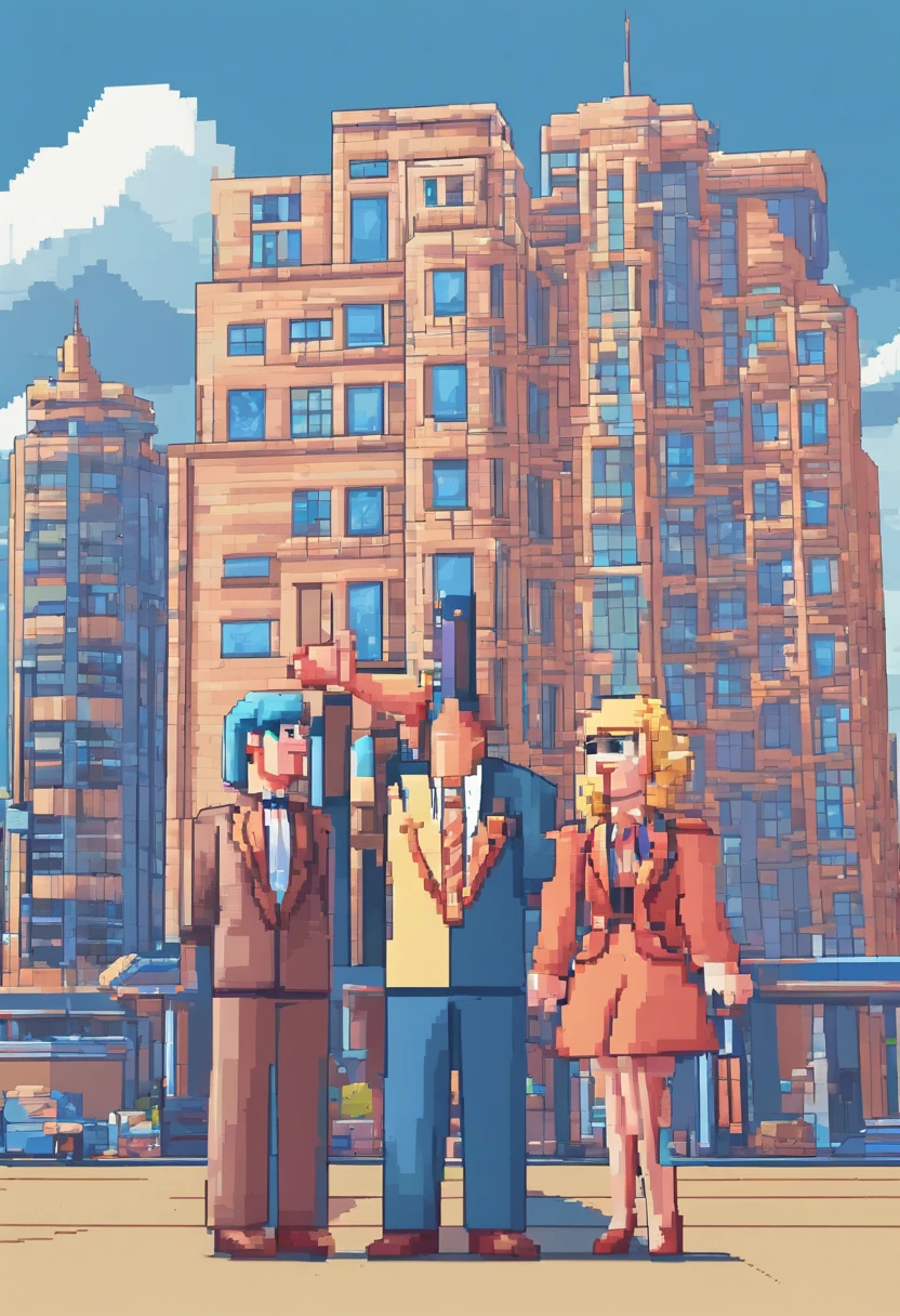 Two men and one woman in suits, celebrating with one hand waving upwards and smiling, behind a blue high-rise building with a blue sky and white clouds in the background，clay, in the style of soft and rounded forms,, magewave, website, bryce 3d, cute cartoonish designs