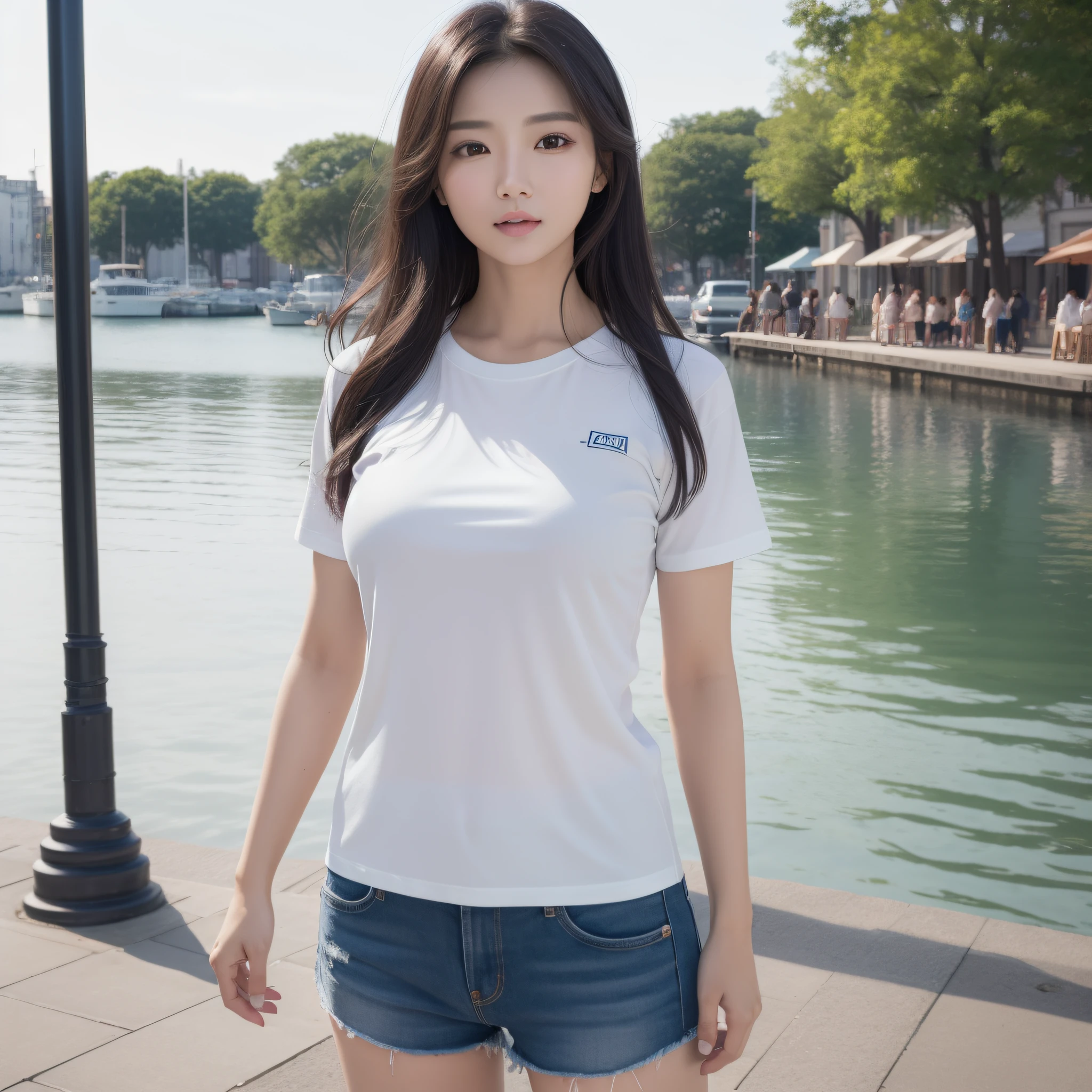 one woman、((highest quality、8K masterpiece:1.3))、sharp focus:1.2、(super beautiful face:1.0)、(shiny skin:1.0)、realistic pictures、black haired、video writing、High resolution eyes and face、video writing、(cute korean actress)、from the front、beautiful breasts、smile、The beauty of slender abs、whole body、wearing a transparent T-shirt、on the beach at night