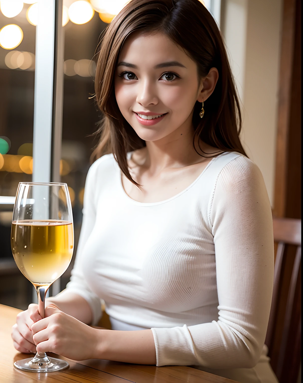 (64K, UHD, top quality, masterpiece: 1.2), (realistic, photorealistic: 1.37), super detailed, pretty woman 1 person, (slim face), (slim body), (brown hair), (short cut), cheeks slightly blushing, (44 years old), 38 years old, solo, beautiful detailed urban night view outside the window, restaurant, wine glasses sit, at night, in a prominent placeNovaFrogStyle, Actress, Model, Waist Up, White Wine, Slim, Wine Glass, Super Clean Night View, Wine Glass Put in the Middle, Happy Smile, (Smile: 1.15), Beautiful Fine Eyes, Upper Body, Bust Japan Up, Night, Short, Short, Actress, Model, Waist Up, White Wine, Slim, Wine Glass, Super Clean Night View, Wine Glass Put in the Middle, Happy Smile,