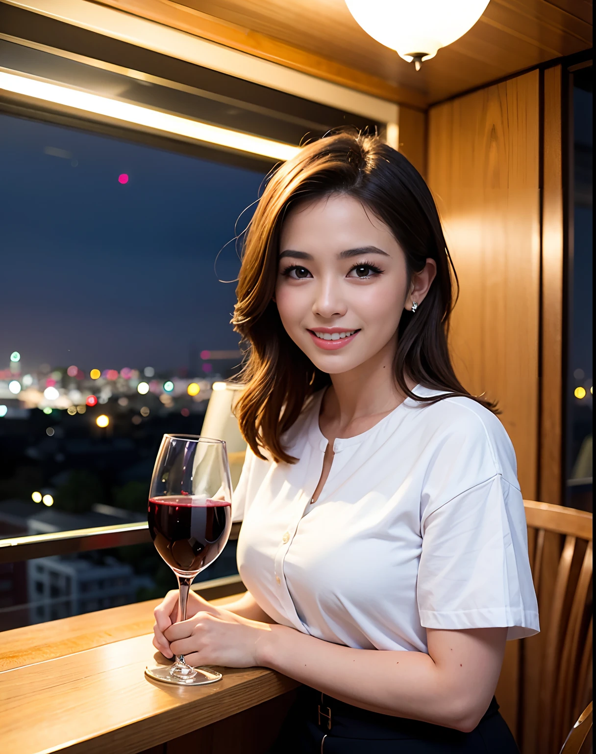 (64K, UHD, top quality, masterpiece: 1.2), (realistic, photorealistic: 1.37), super detailed, pretty woman 1 person, (slim face), (slim body), (brown hair), (short cut), cheeks slightly blushing, (44 years old), 38 years old, solo, beautiful detailed urban night view outside the window, restaurant, wine glasses sit, at night, in a prominent placeNovaFrogStyle, Actress, Model, Waist Up, White Wine, Slim, Wine Glass, Super Clean Night View, Wine Glass Put in the Middle, Happy Smile, (Smile: 1.15), Beautiful Fine Eyes, Upper Body, Bust Japan Up, Night, Short, Short, Actress, Model, Waist Up, White Wine, Slim, Wine Glass, Super Clean Night View, Wine Glass Put in the Middle, Happy Smile,