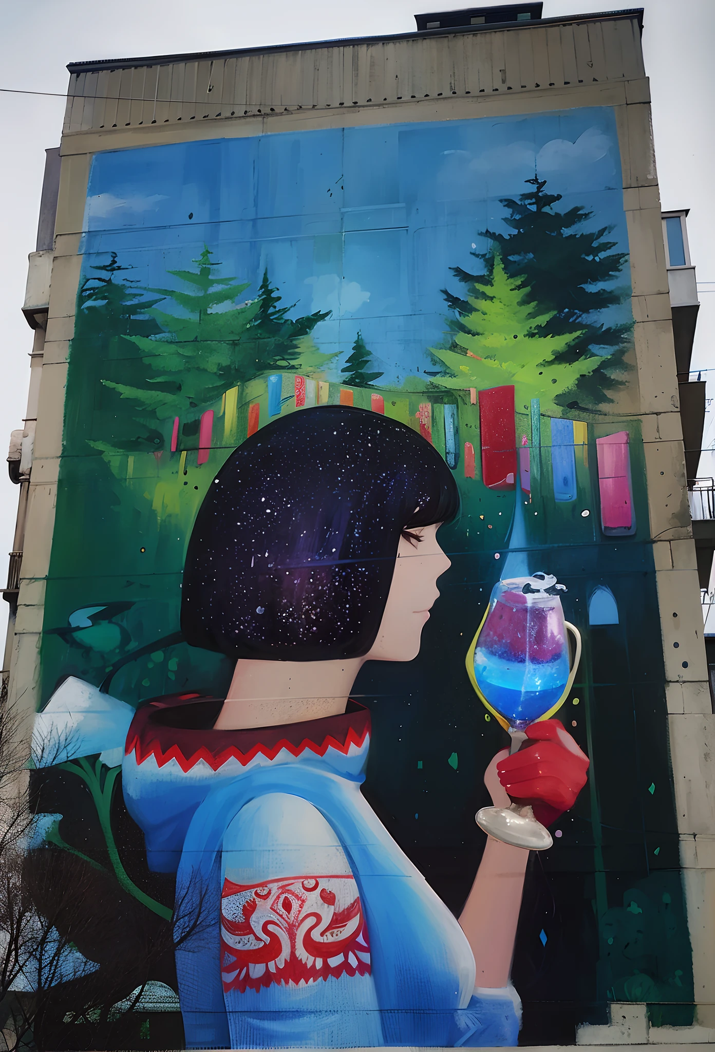 mural of a woman holding a glass of wine in front of a building, by Craola, streetart, painted on a giant wall, by Ladrönn, street art:2, mural art, by Naza, street art, by Muqi, by Muggur, urban art, by Kamagurka, dital painting, street art 8k, HQ. HD. UHD