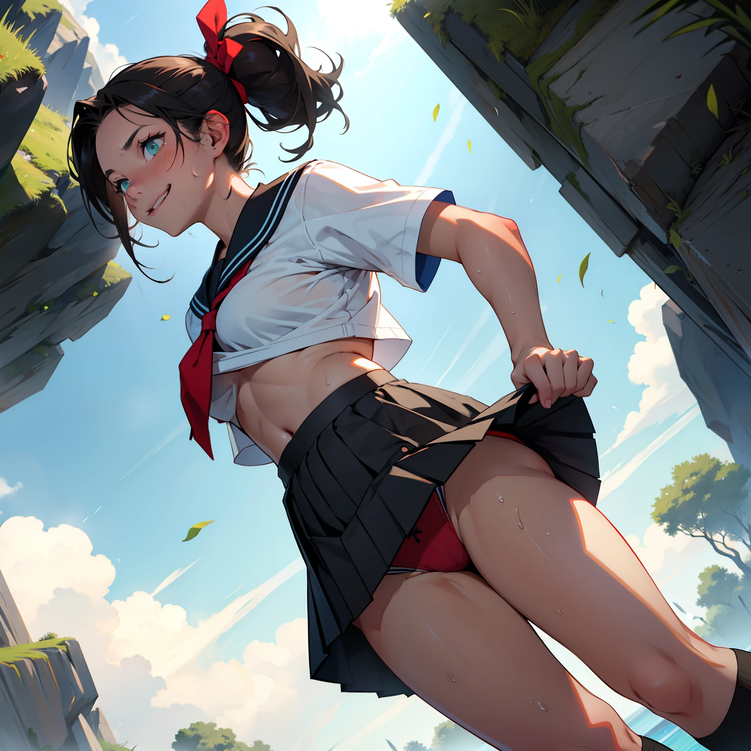 nsfw,masterpiece,top-quality,Girl in sailor suit、Navel Ejection,black pleated skirt,((skirt lift)),upskirt,Sexy underwear wearing,Black knee socks,with your legs spread,Brunette Hair,Ponytail Hair,tie a red ribbon in hair,The hair is disheveled,Blue-green eyes,Smiling expression,Red face,(cum on body),sweat,Steaming,steam,blows wind,Low-angle,Dark Tunnel,