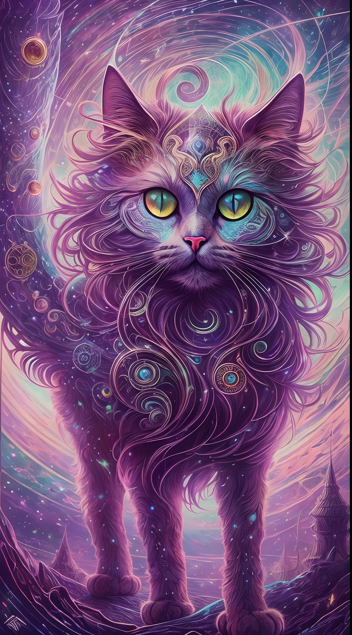 A galactic cat with a lot of hair on its head, Third eye, Gaze at something in the distance, Intricate details,  electric, Fantasy art, anato finnstark, Emulsion coating, Highly detailed, obscure
Rutkovsky, hdr, ultra - detailed, rim-light, Faded, Dim