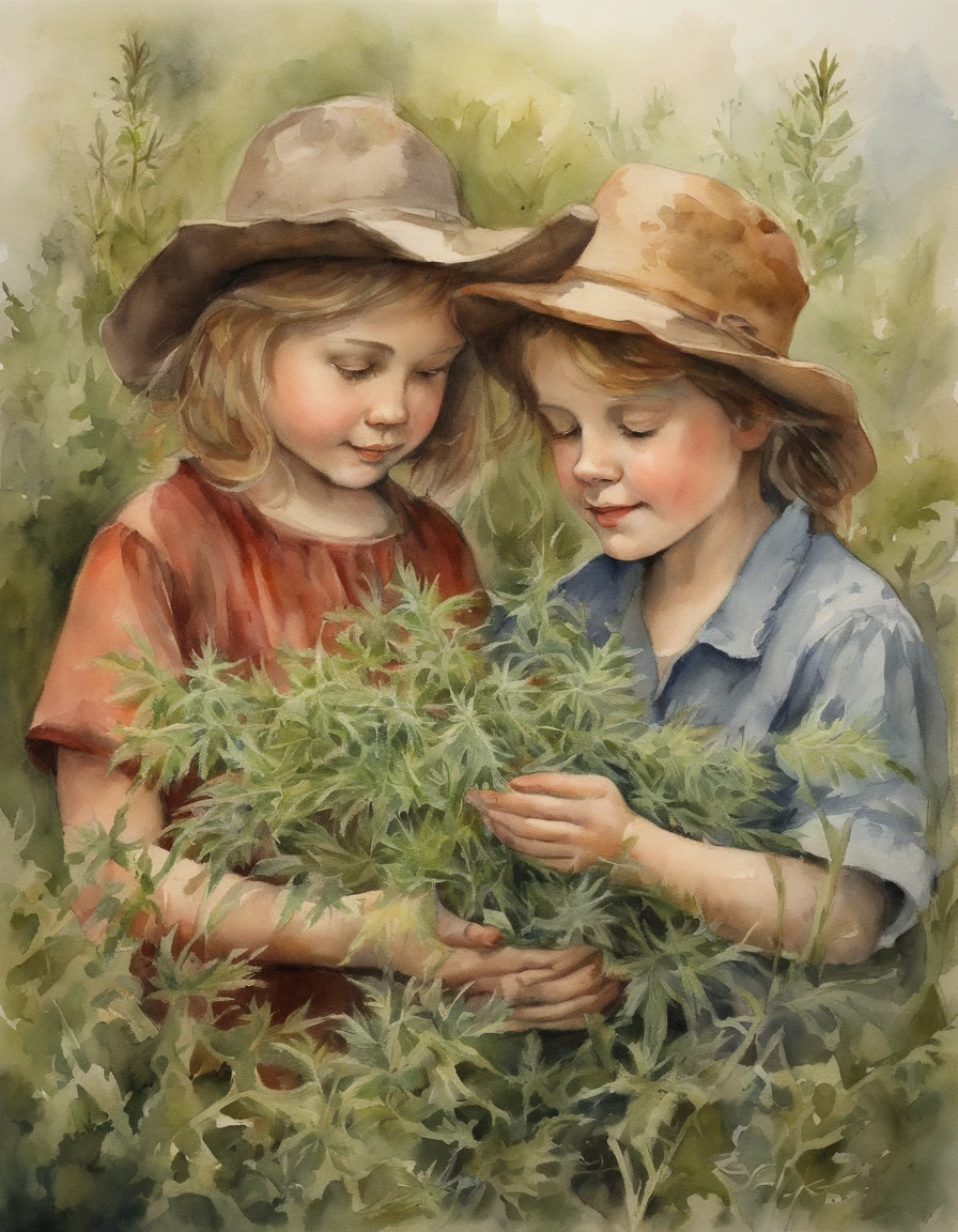 boy and big gipass mugwort by hand in a pile of wormwood