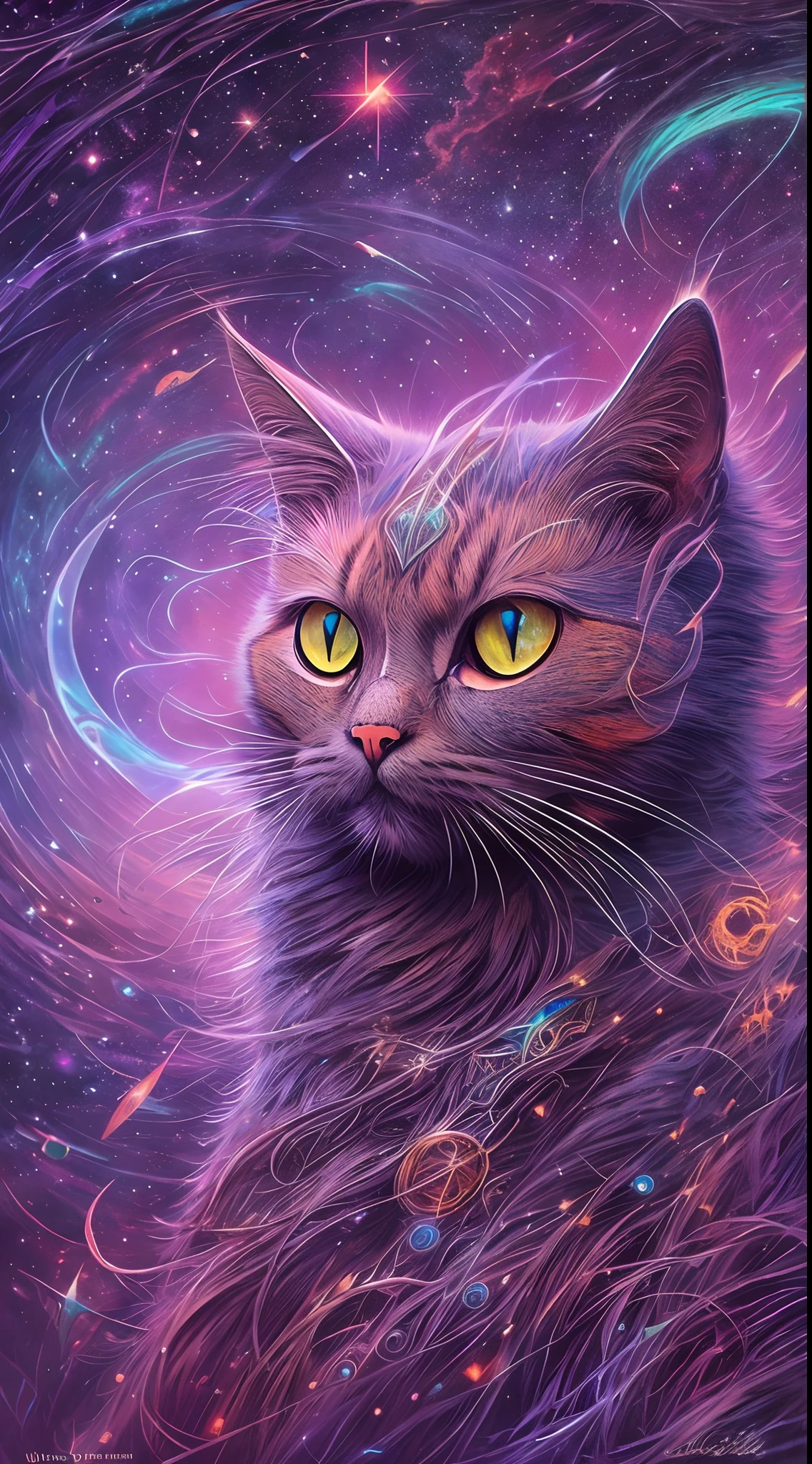 A galactic cat with a lot of hair on its head, Third eye, Gaze at something in the distance, Intricate details, electric, Fantasy art, anato finnstark, Emulsion coating, Highly detailed, Fuzzy Rutkovsky, hdr, ultra - detailed, rim-light, Faded, Dim