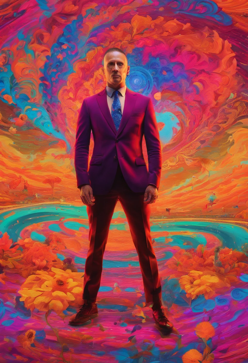 Cinematic photo, wide angle, of a handsom man, tall and fit, 40 years old, (shaven:1.2) , short curly brown hair. dark brown tight velvet suit, (the jacket has black flower patterns:1.2). transgressive art, sharp focus, 8 k, octane render , saturated colors, pastel colors