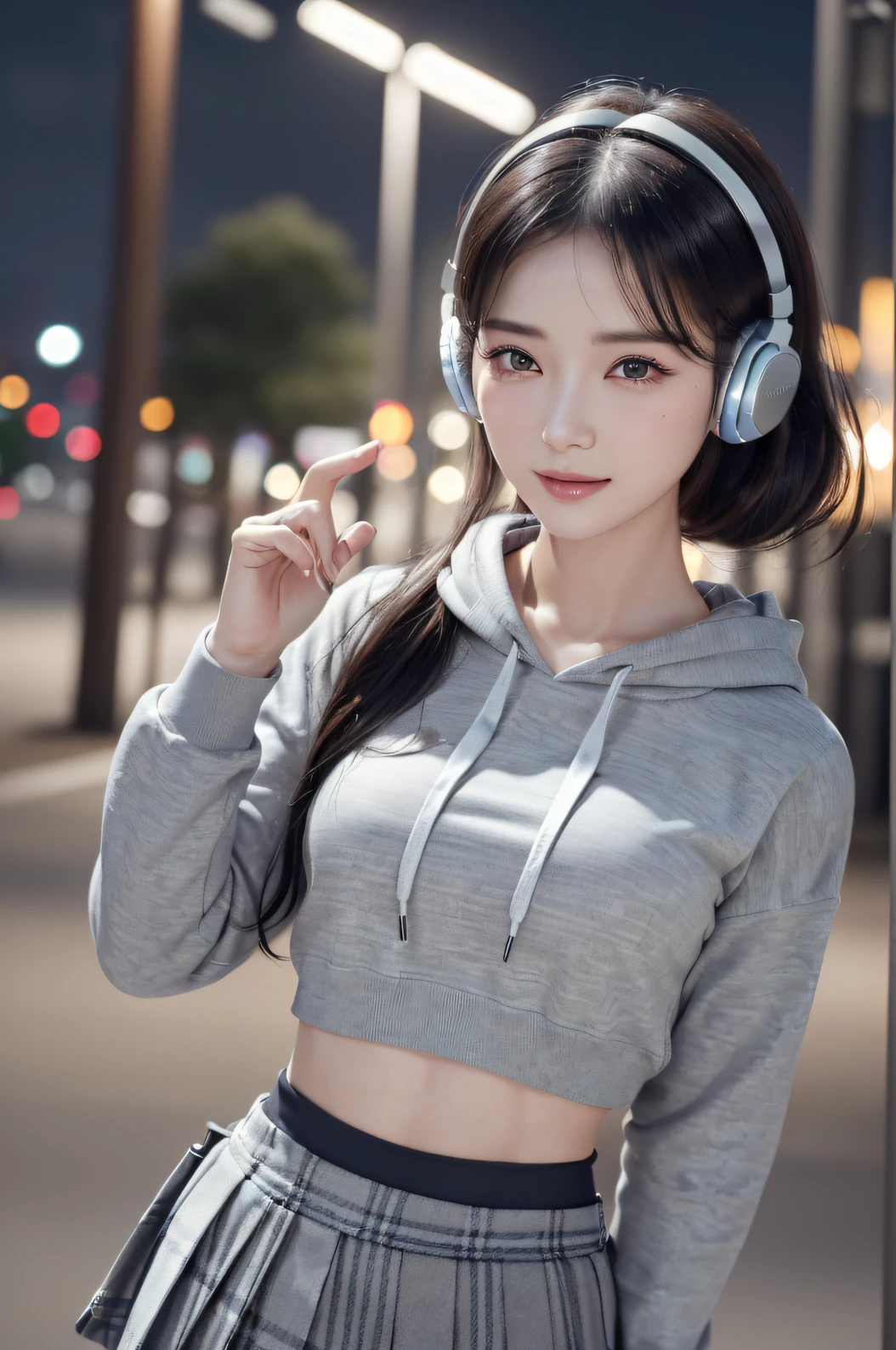(best quality,4k,high resolution,superb details,ultra realistic:1.2),ultra-detailed,professional,vivid colors,pin-sharp focus,HDR,UHD,studio lighting,physically-based rendering,beautiful detailed eyes,beautiful detailed lips,extremely detailed eyes and face,long eyelashes,18 years old,pretty,asian girl, body,short messy hair,wearing cat ear headphones,smiling to camera,cheerfully posing, cute expression,pretty face,slim waist,tone leg, firm thigh,small breasts,wearing jacket with hoodie,wearing tiny mini skirt,long white socks covering knee,black shoes,at cosplay exhibition,photorealistic,horror,anime