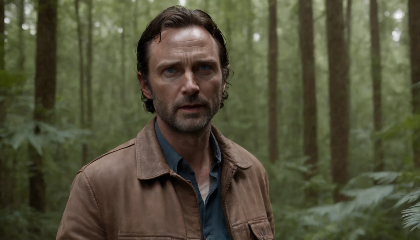 a long shot from rick grimes standing in a dark jungle with an axe in his hand, blood on face, detailed face, blue eyes, wearing a brown jacket, partiquale and ash in the place, moon in the sky, cloudy weather, some death humans on the ground, mad in face, perfect style, perfect body, high quality render, cinematic lighting, some blue and red neon lights from difrent sides.