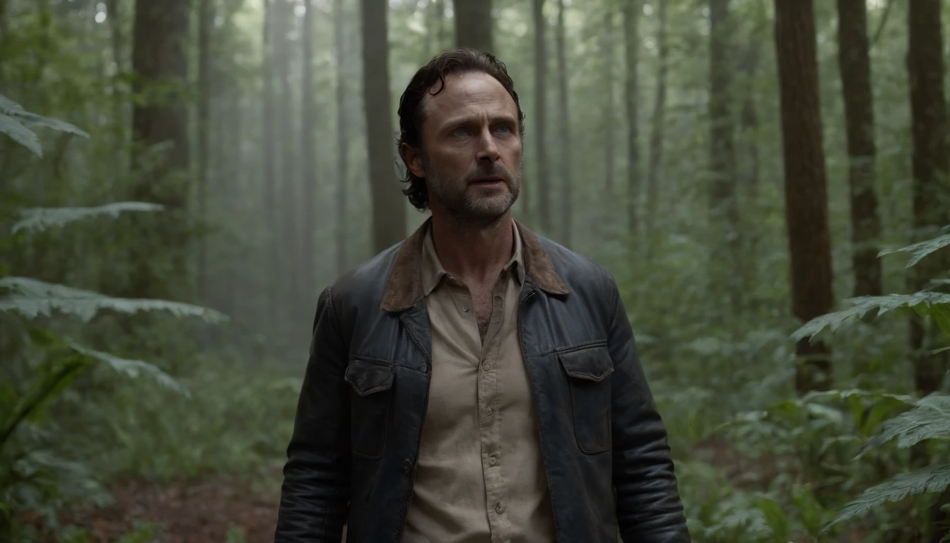 a long shot from rick grimes standing in a dark jungle with an axe in his hand, blood on face, detailed face, blue eyes, wearing a brown jacket, partiquale and ash in the place, moon in the sky, cloudy weather, some death humans on the ground, mad in face, perfect style, perfect body, high quality render, cinematic lighting, some blue and red neon lights from difrent sides.