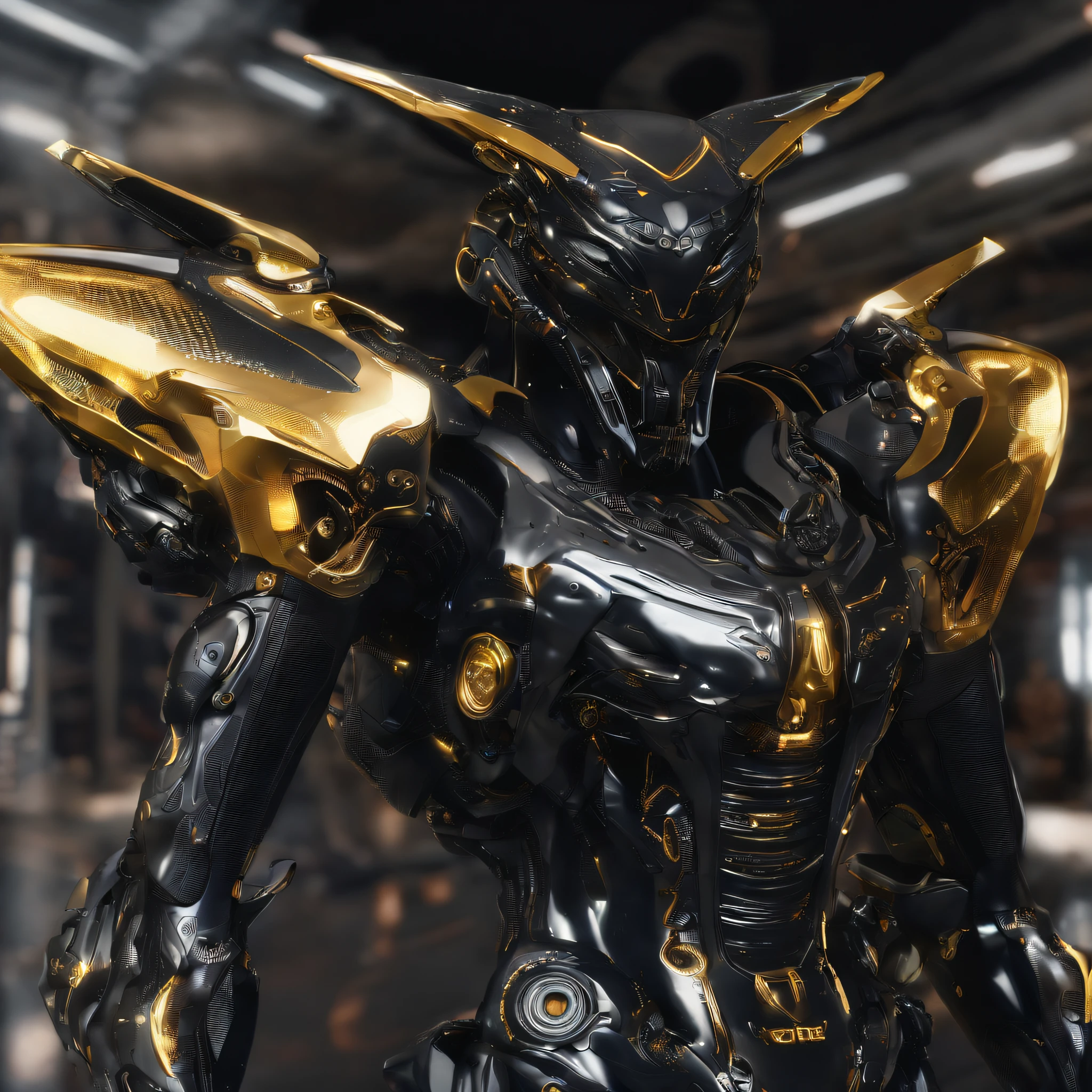 An alien,Solo,full bodyesbian,Humanoid,mechs,(Wearing inky black clothes/Mecha with golden zirconia ceramic surface:1.5),(((Hard surface properties))),(((streamlined line design))),It has refined features in a sci-fi environment,with light glowing, Sparks and lights, best qualtiy,tmasterpiece,Photorealsitic, Highly detailed, iintricate,unreal 5 render,
