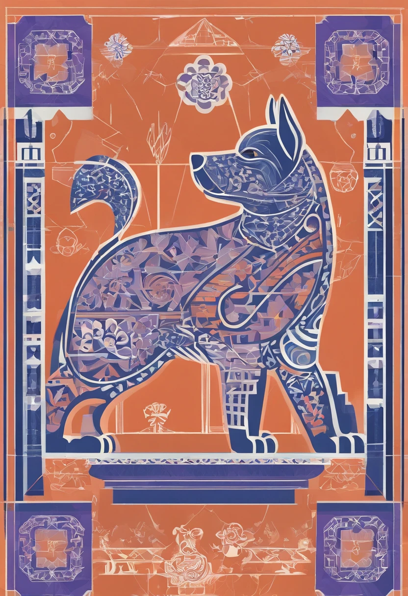 the dog is in bluein this paper cut illustration, in the style of eastern-inspired motifs, lith printing, eye-catching tags, precisionist lines, light purple and cblue, clean and sharp inking, terracotta medallions