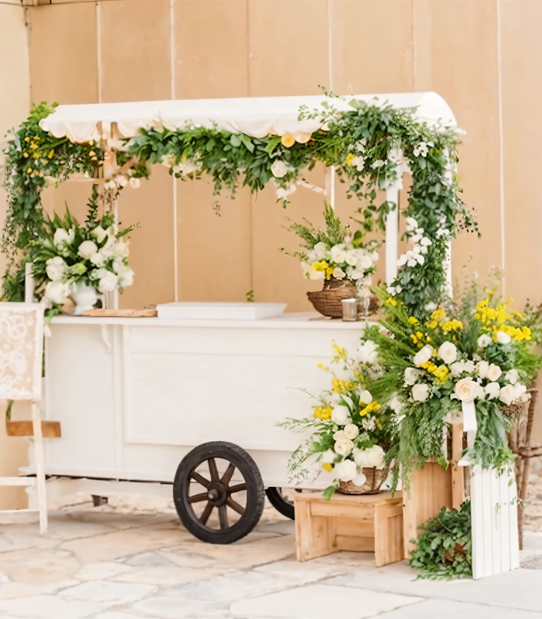 There was a small cart,There are flowers and plants on it, floral decorations, forest theme, Rustic, Decorated with flowers, romantic greenery, with flowers and plants, romantic motifs, Fondo pintado floral, with colorful flowers and plants, Fully decorated, white and yellow scheme, fantasy themed, Whimsical, Wedding, cream and white color scheme, covered with flowers, Rustic setting