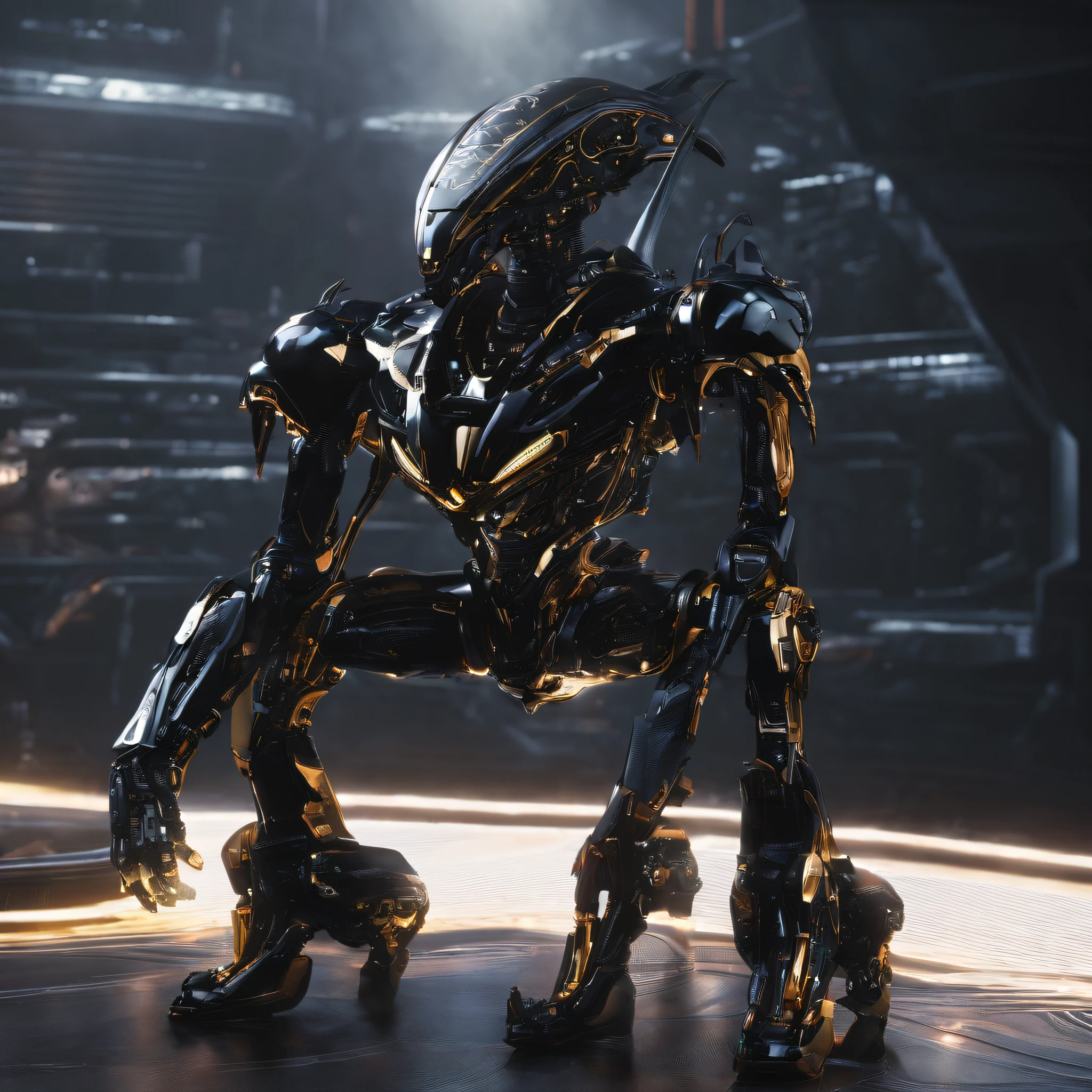 An alien,Solo,full bodyesbian,Humanoid,mechs,(Wearing inky black clothes/Mecha with golden zirconia ceramic surface:1.5),(((Hard surface properties))),(((streamlined line design))),It has refined features in a sci-fi environment,with light glowing, Sparks and lights, best qualtiy,tmasterpiece,Photorealsitic, Highly detailed, iintricate,unreal 5 render,