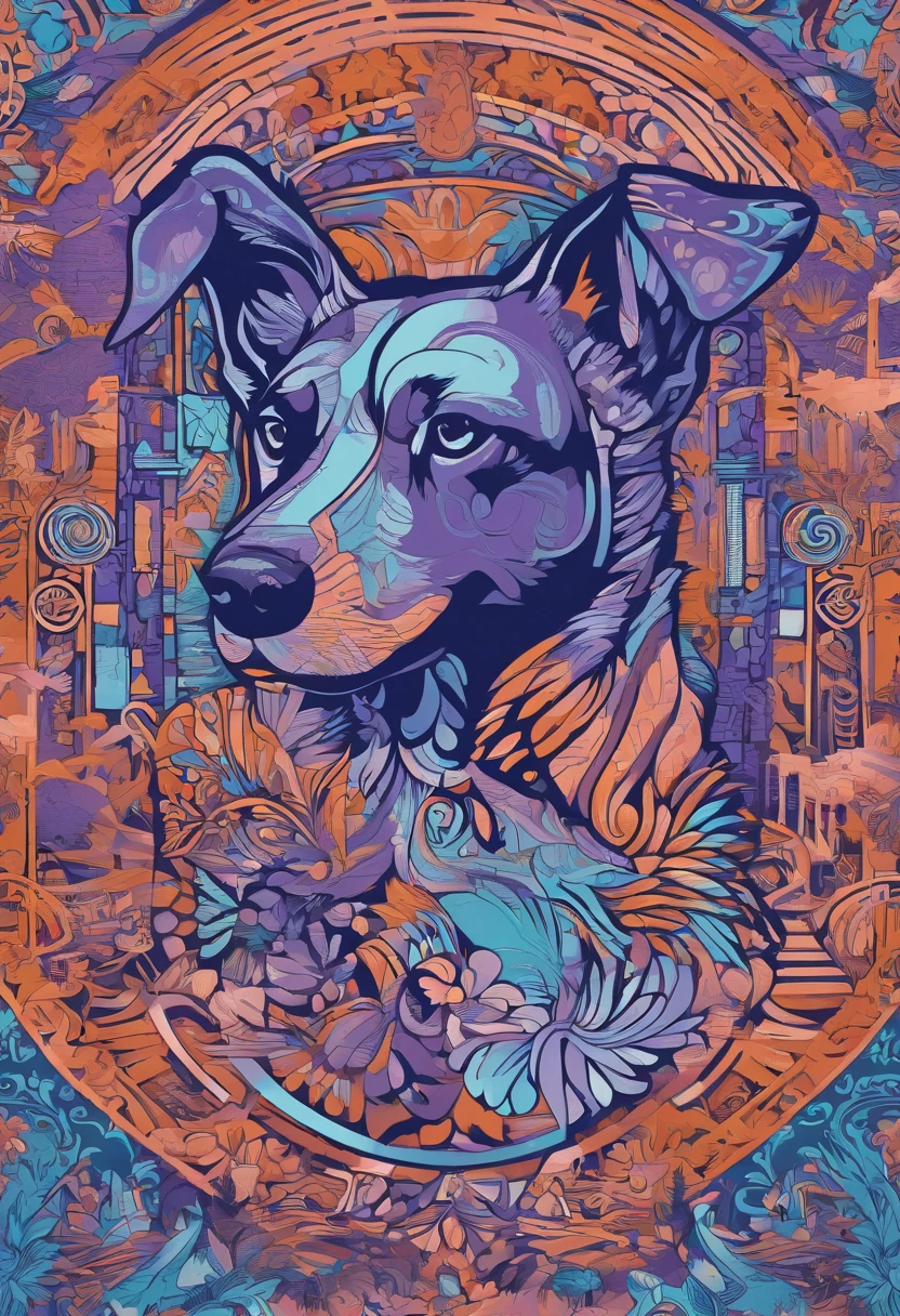 the dog is in bluein this paper cut illustration, in the style of eastern-inspired motifs, lith printing, eye-catching tags, precisionist lines, light purple and cblue, clean and sharp inking, terracotta medallions