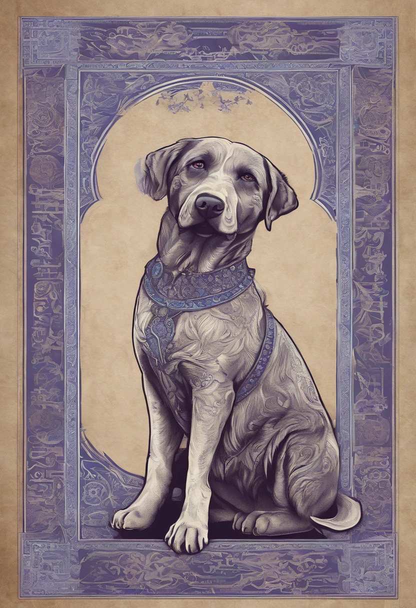 the dog is in bluein this paper cut illustration, in the style of eastern-inspired motifs, lith printing, eye-catching tags, precisionist lines, light purple and cblue, clean and sharp inking, terracotta medallions