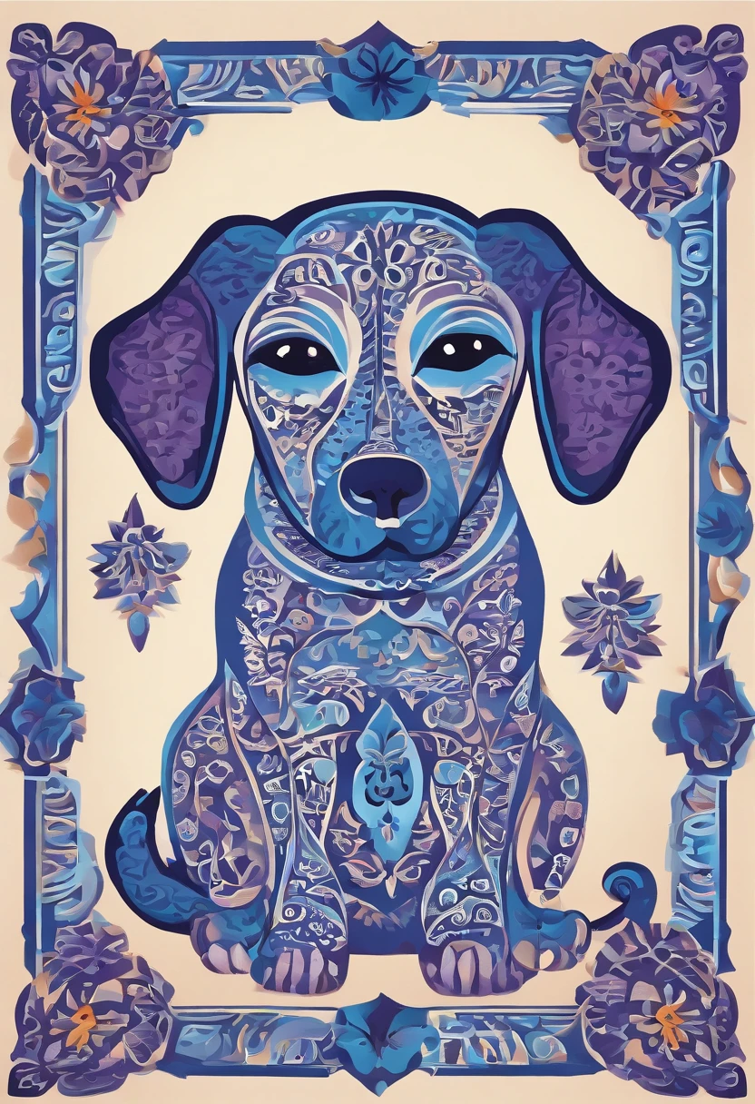 the dog is in bluein this paper cut illustration, in the style of eastern-inspired motifs, lith printing, eye-catching tags, precisionist lines, light purple and cblue, clean and sharp inking, terracotta medallions