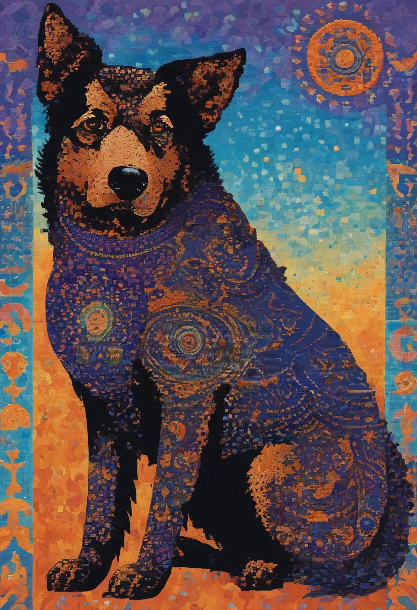 the dog is in bluein this paper cut illustration, in the style of eastern-inspired motifs, lith printing, eye-catching tags, precisionist lines, light purple and cblue, clean and sharp inking, terracotta medallions