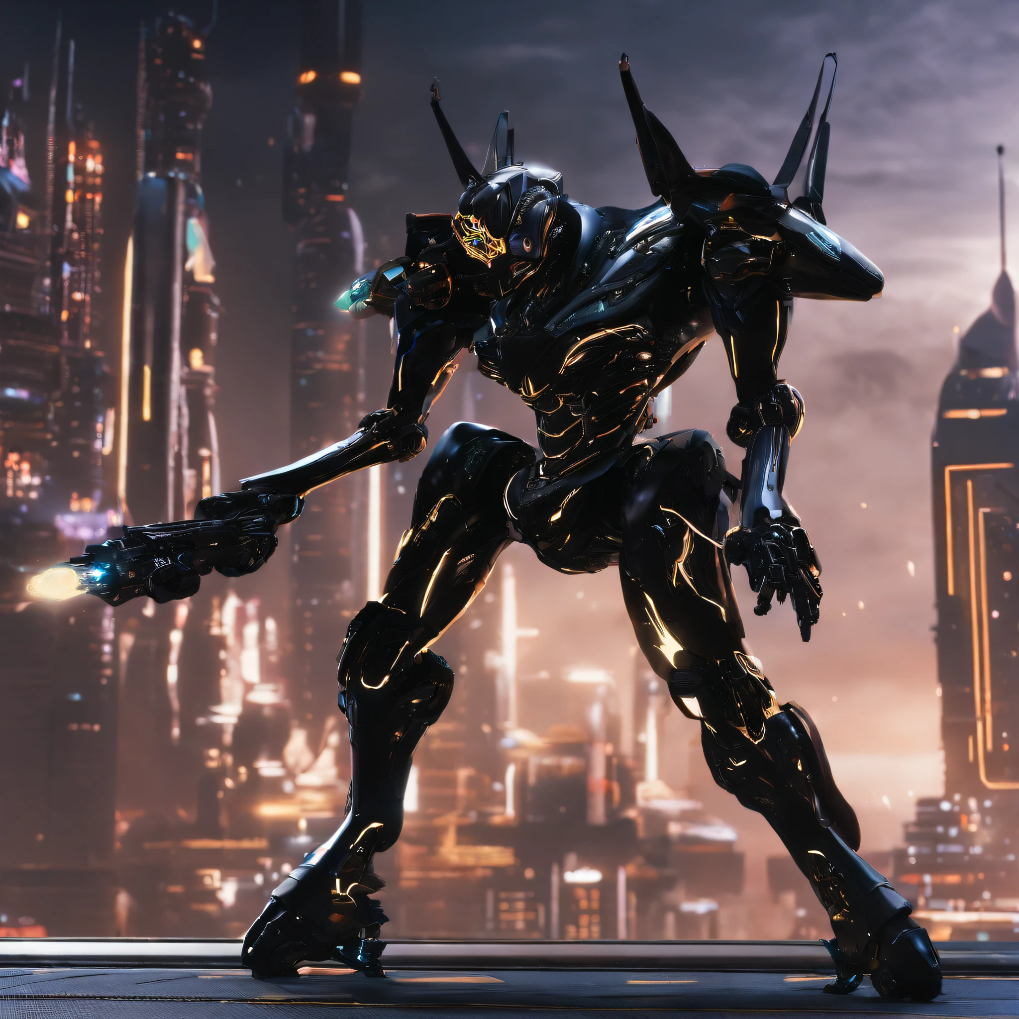 An alien,Solo,full bodyesbian,Humanoid,mechs,(Wearing inky black clothes/Mecha with golden zirconia ceramic surface:1.5),(((Hard surface properties))),(((streamlined line design))),It has refined features in a sci-fi environment,with light glowing, Sparks and lights, best qualtiy,tmasterpiece,Photorealsitic, Highly detailed, iintricate,unreal 5 render,
