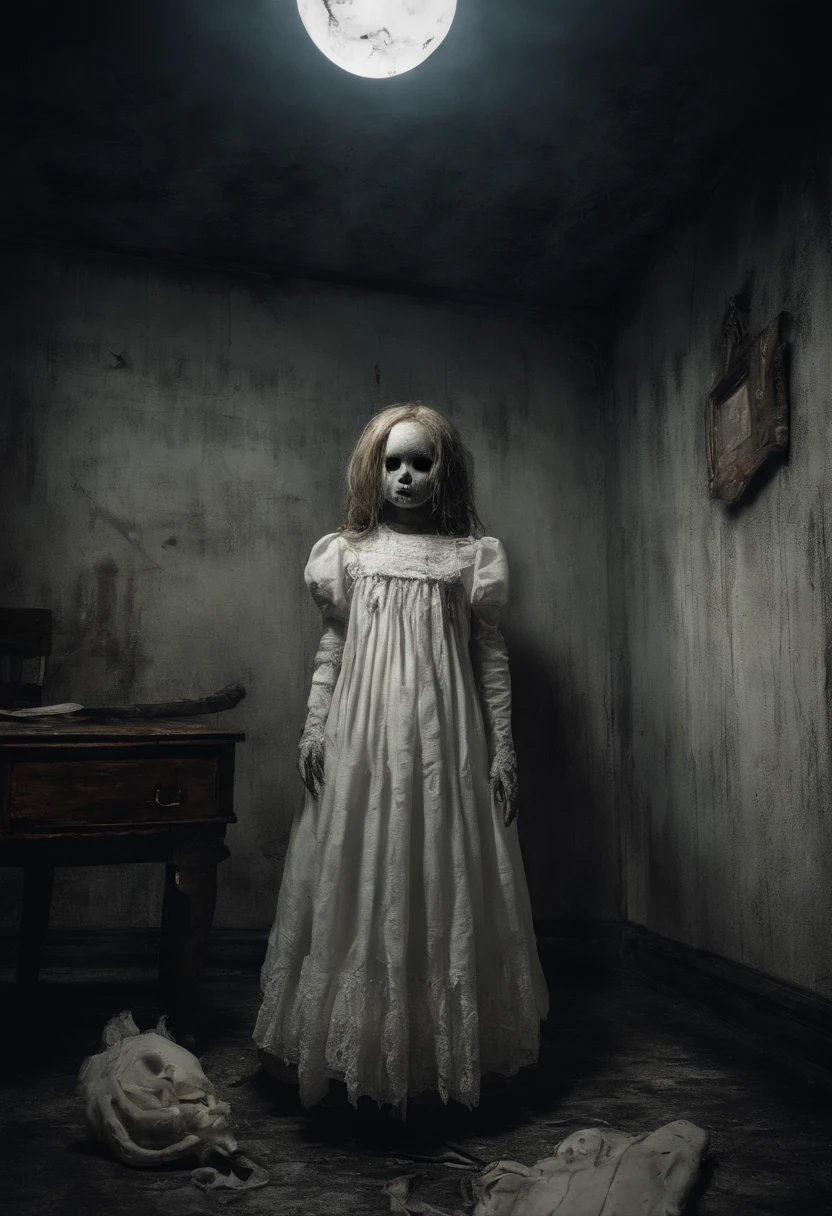 darkened room、ceiling、Spooky doll in white dress hanging from the ceiling