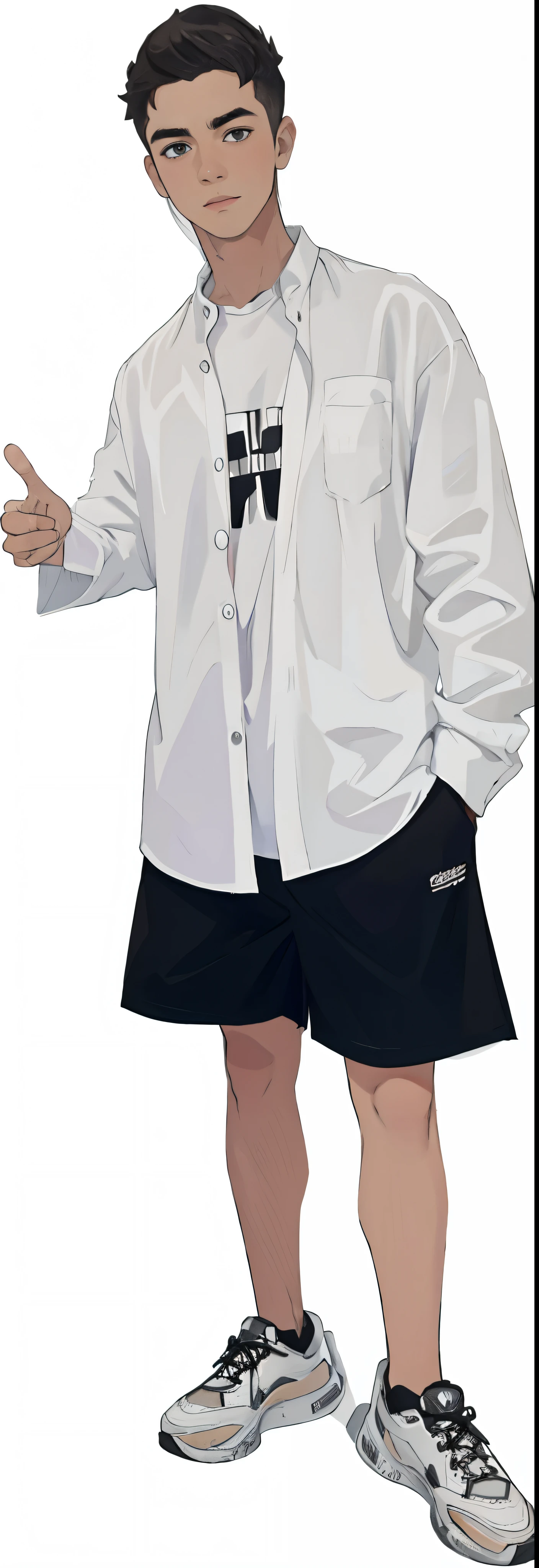 Arad man in white shirt and black shorts poses for a photo, wearing a white button up shirt, young man with short, White background!, zoomed out full body, white trendy clothes, fine white shirt, Wearing a white shirt, wearing casual cloths, baggy clothing and hat, in shorts and t-shirt, in a white shirt,one color background,Quality 8k