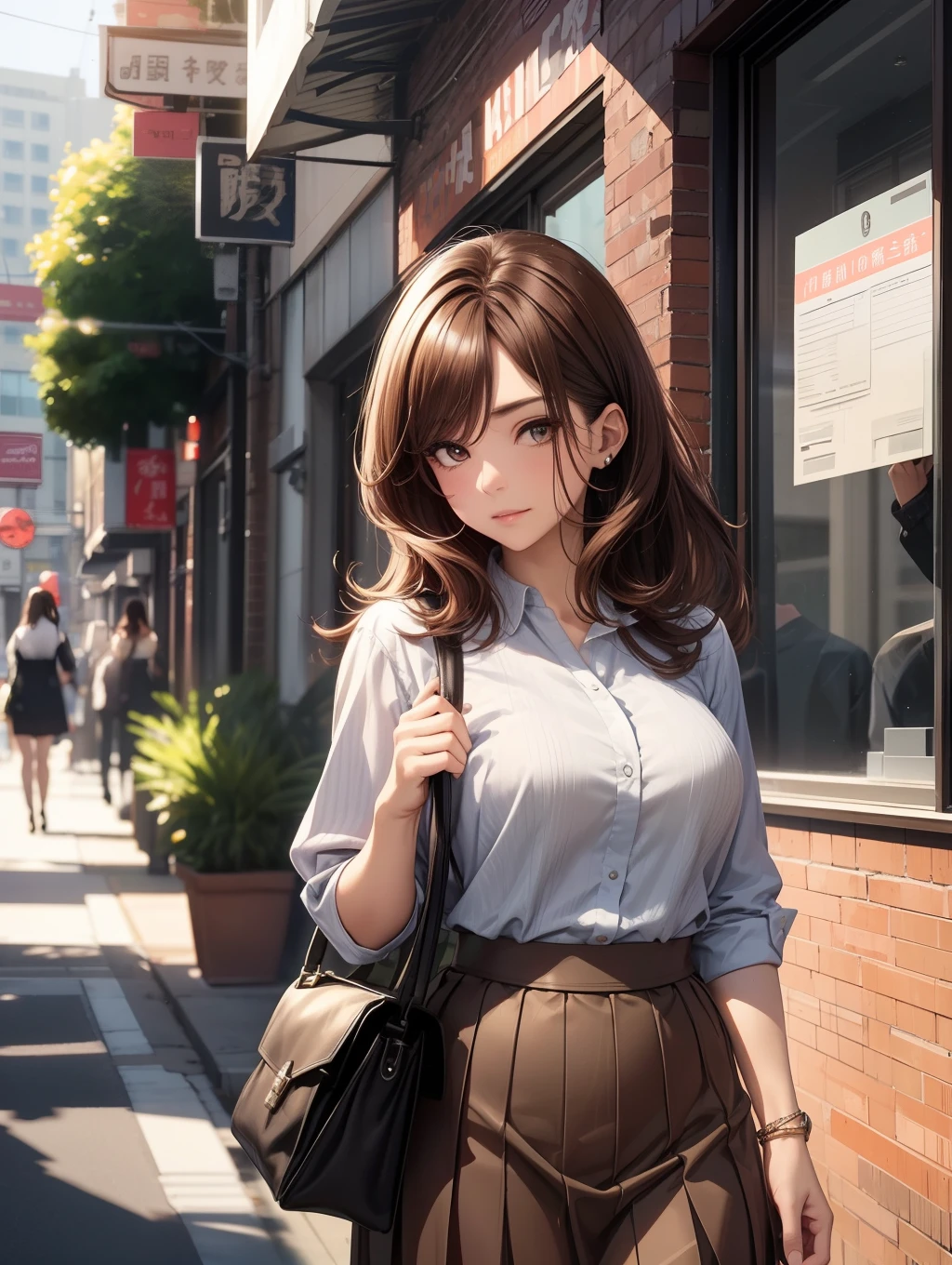Anime girl in a skirt and shirt walking down a street - SeaArt AI