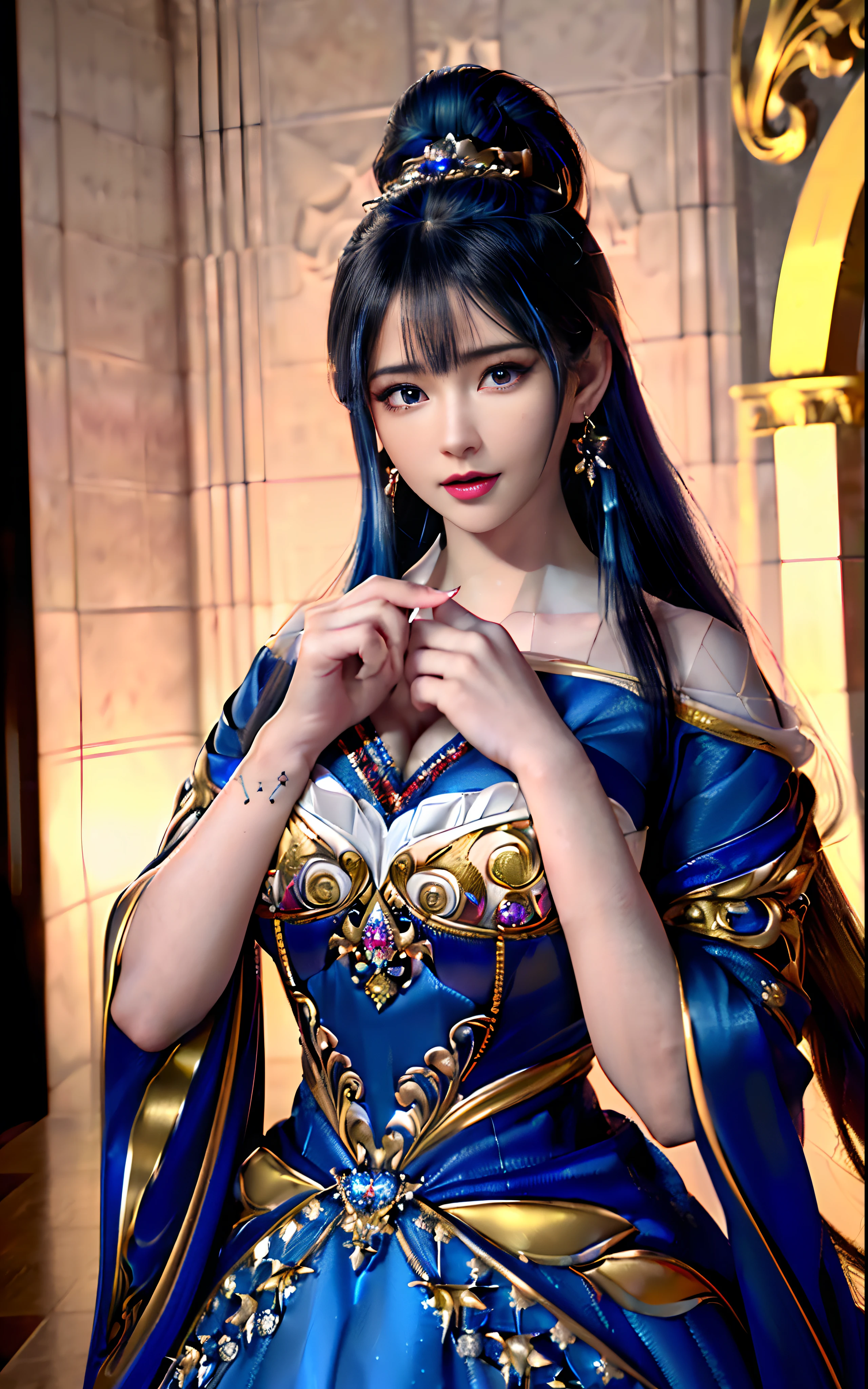 ((realisticity: 1.2)), ((realistic: 8K UHD)), ((best resolution: 8K UHD)), hyper detailed, best quality,masterpiece,highres,cg, ((1 girl hyper detailed and hyper realistic) ) , ((beautiful queen, hyper realistic and hyper detailed)),((white skin, beautiful, smooth, youthful, hyper realistic and hyper detailed )), ((Face hyper beautiful, white, hyper realistic and hyper detailed ) ), long hair, ((hyper realistic and hyper detailed dress)), solo, ((hyper realistic, hyper beautiful, beautiful and hyper detailed jewelry)), ((hyper beautiful deep red and golden yellow dress, hyper realistic and hyper detailed )) , ((Her pretty, hyper realistic, hyper detailed diamond filled earrings)), ((Her gorgeous diamond haircut, hyper realistic and hyper detailed)), ((hyper pretty upper body, hyper beautiful, hyper realistic and hyper detailed) ), ((medium breast: 1.1)), ((hyper realistic, hyper pretty, hyper detailed boobs)), ((the backgroun of the royal palace is hyper majestic, hyper realistic and hyper detailed)),((hands and palms hyper beautiful, hyper detailed, hyper realistic)), ((hyper detailed and hyper realistic fingers and fingernails)), ((hyper pretty fingernails, hyper vivid, hyper detailed, hyper realistic)), ((thumb, index finger, middle finger, ring finger, little finger hyper vivid, hyper pretty, hyper detailed, hyper realistic)),
((hyper beautiful fingers, hyper detailed, and hyper realistic)), ((posture not too fat and not too thin, hyper realistic, hyper detail)), ((hyper pretty, hyper pretty, hyper realistic and hyper detailed hair bun)), ((hyper pretty , hyper realistic and hyper detailed blue hair)), candid, Photo, high resolution, 8k , bokeh,