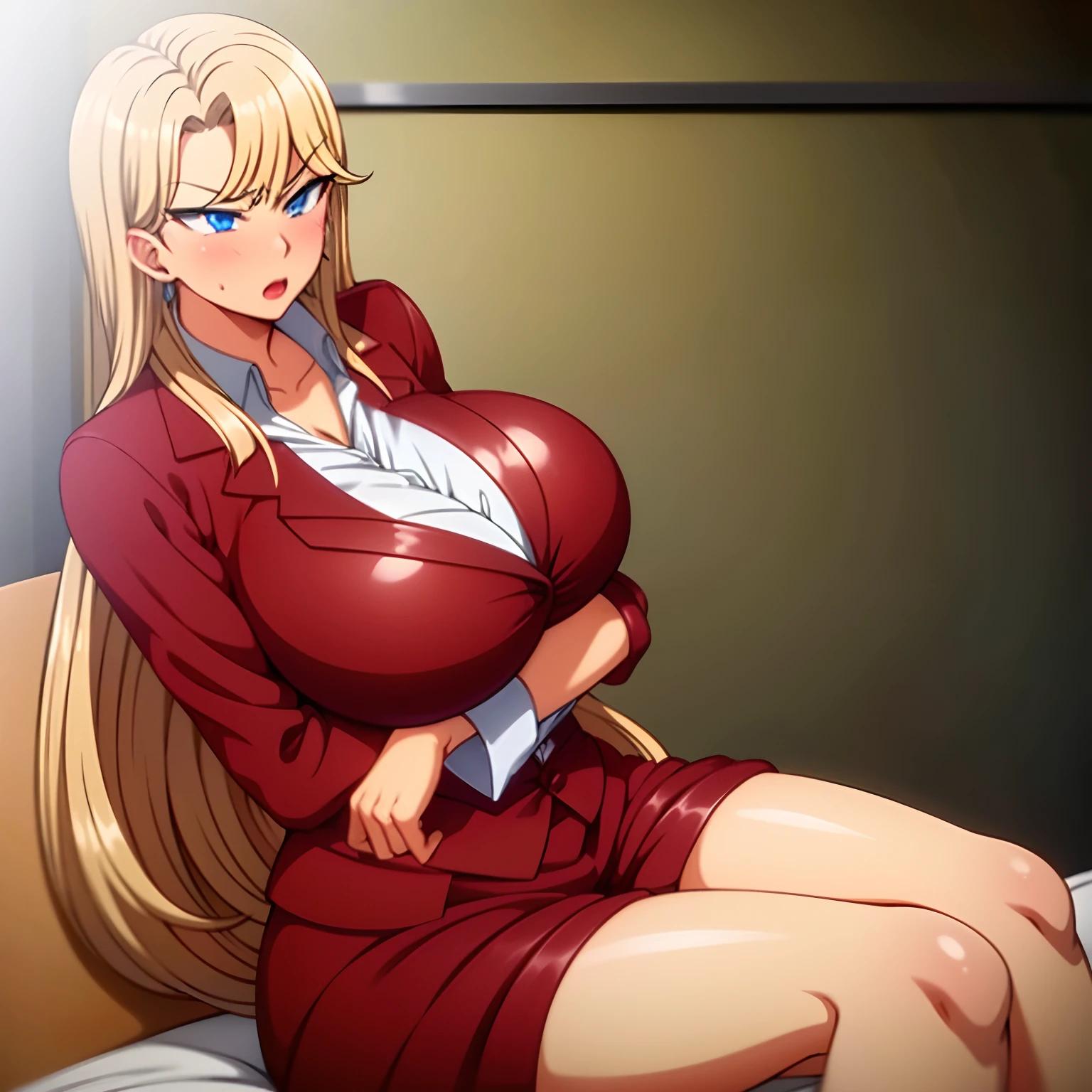 ((solo, 1 female)), mature female, masterpiece, best quality, (huge breast), long hair, yellow hair, blue eyes, blush, full body, indoors, White shirt in red jacket, serious, angri face:0.8, sitting on bed