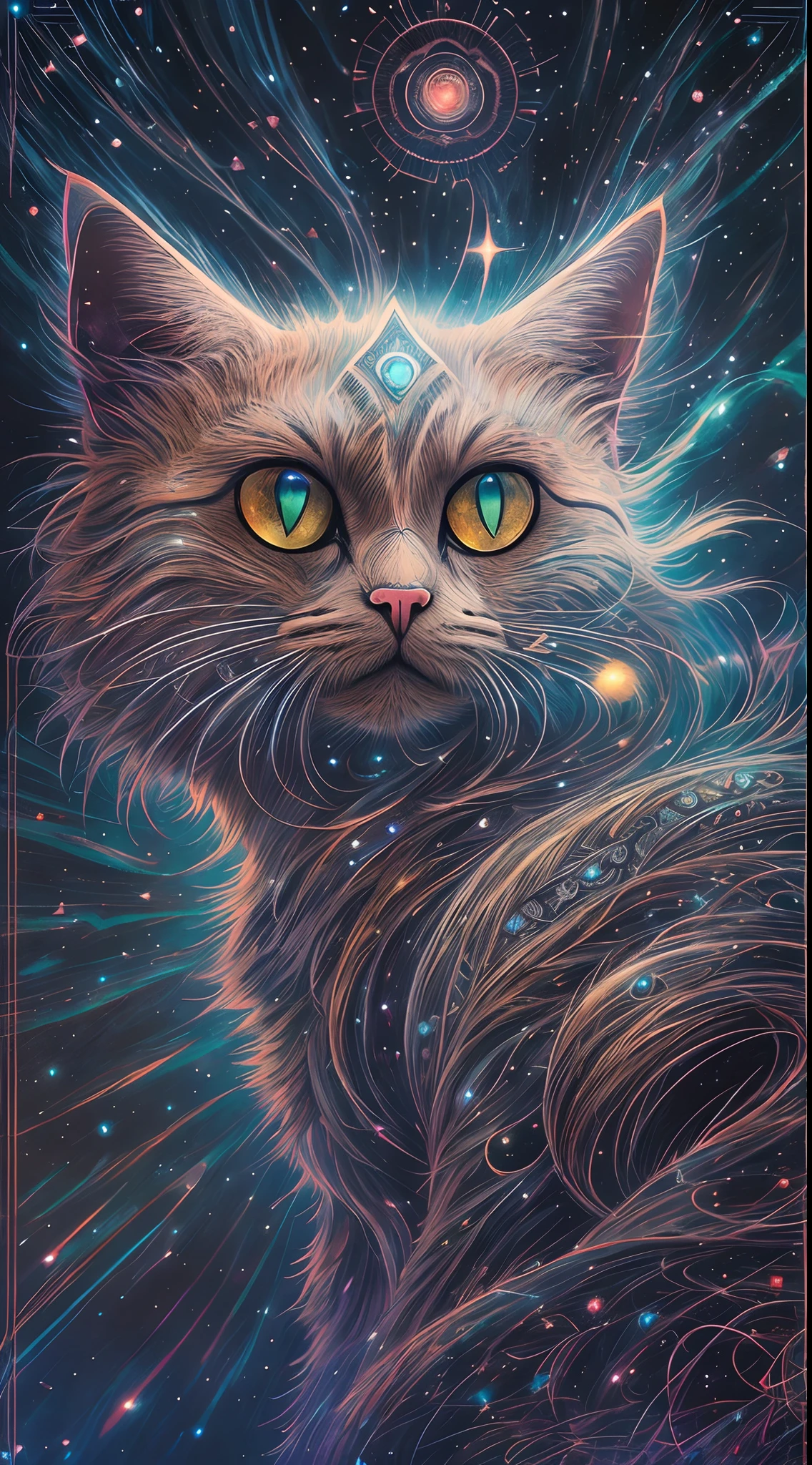 A galactic cat with a lot of hair on its head, Third eye, Faraway view,Gaze at something in the distance, Intricate details, electric, Fantasy art, anato finnstark, Emulsion coating, Highly detailed, Fuzzy Rutkovsky, hdr, ultra - detailed, rim-light, Faded, Dim