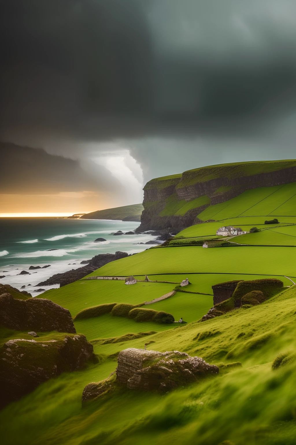 Beautiful Irish landscape with its green meadows and cliffs to the sea, dark skies loaded with storms, romantic air, magical scene, hyper detailed photography, sharp 8k details, ultra high quality, detailed, elegant, wide angle, very detailed dynamic lighting, intricate, movie character production model, intricate masterpiece, vibrant pattern, fine art portrait, detailed clothing, ultra high quality