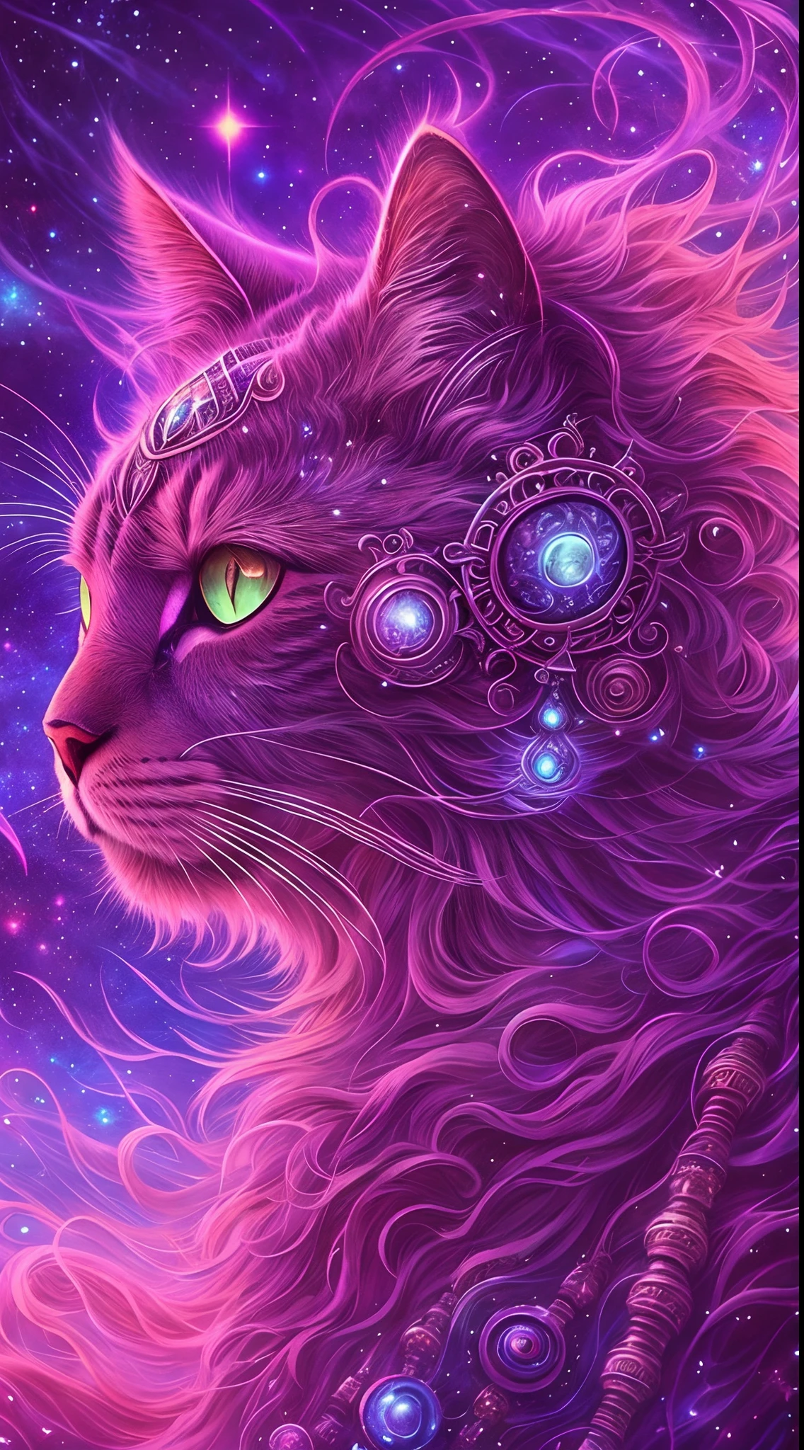 A galactic cat with a lot of hair on its head, Third eye, Faraway view，Gaze at something in the distance, Intricate details, electric, Fantasy art, anato finnstark, Emulsion coating, Highly detailed, Fuzzy Rutkovsky, hdr, ultra - detailed, rim-light, Faded, Dim