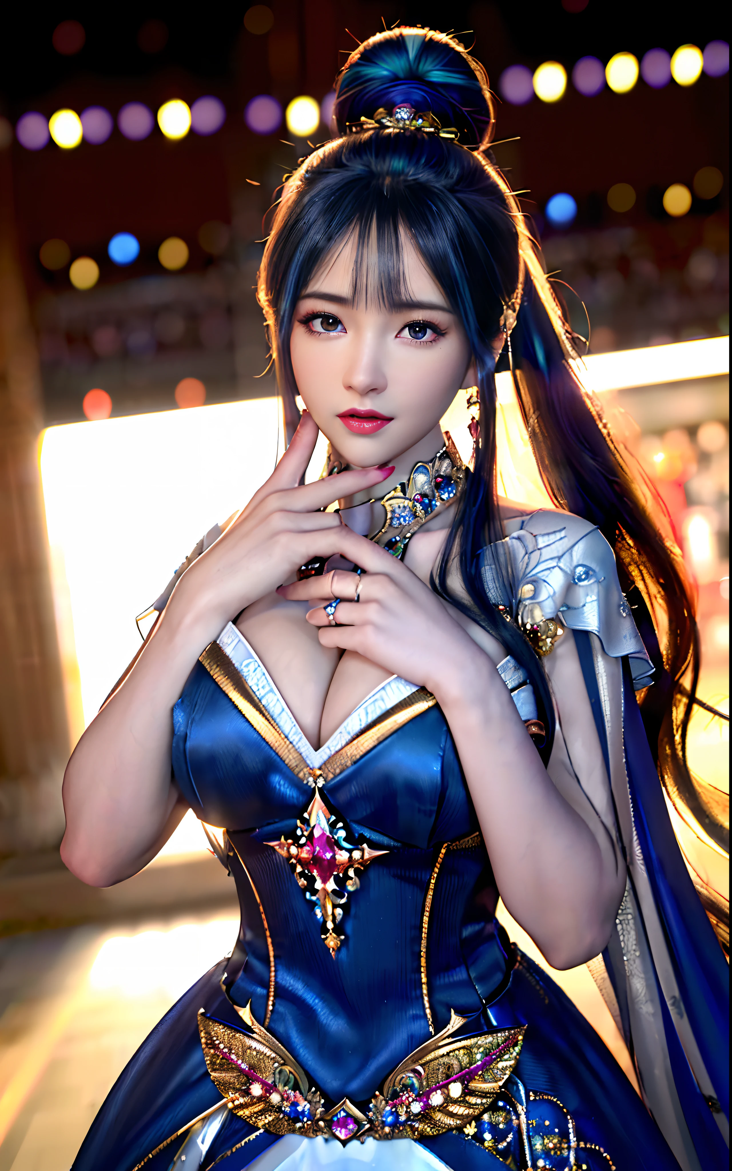 ((realisticity: 1.2)), ((realistic: 8K UHD)), ((best resolution: 8K UHD)), hyper detailed, best quality,masterpiece,highres,cg, ((1 girl hyper detailed and hyper realistic) ) , ((beautiful queen, hyper realistic and hyper detailed)),((white skin, beautiful, smooth, youthful, hyper realistic and hyper detailed )), ((Face hyper beautiful, white, hyper realistic and hyper detailed ) ), long hair, ((hyper realistic and hyper detailed dress)), solo, ((hyper realistic, hyper beautiful, beautiful and hyper detailed jewelry)), ((hyper beautiful deep red and golden yellow dress, hyper realistic and hyper detailed )) , ((Her pretty, hyper realistic, hyper detailed diamond filled earrings)), ((Her gorgeous diamond haircut, hyper realistic and hyper detailed)), ((hyper pretty upper body, hyper beautiful, hyper realistic and hyper detailed) ), ((medium breast: 1.1)), ((hyper realistic, hyper pretty, hyper detailed boobs)), ((the backgroun of the royal palace is hyper majestic, hyper realistic and hyper detailed)),((hands and palms hyper beautiful, hyper detailed, hyper realistic)), ((hyper detailed and hyper realistic fingers and fingernails)), ((hyper pretty fingernails, hyper vivid, hyper detailed, hyper realistic)), ((thumb, index finger, middle finger, ring finger, little finger hyper vivid, hyper pretty, hyper detailed, hyper realistic)),
((hyper beautiful fingers, hyper detailed, and hyper realistic)), ((posture not too fat and not too thin, hyper realistic, hyper detail)), ((hyper pretty, hyper pretty, hyper realistic and hyper detailed hair bun)), ((hyper pretty , hyper realistic and hyper detailed blue hair)), candid, Photo, high resolution, 8k , bokeh,