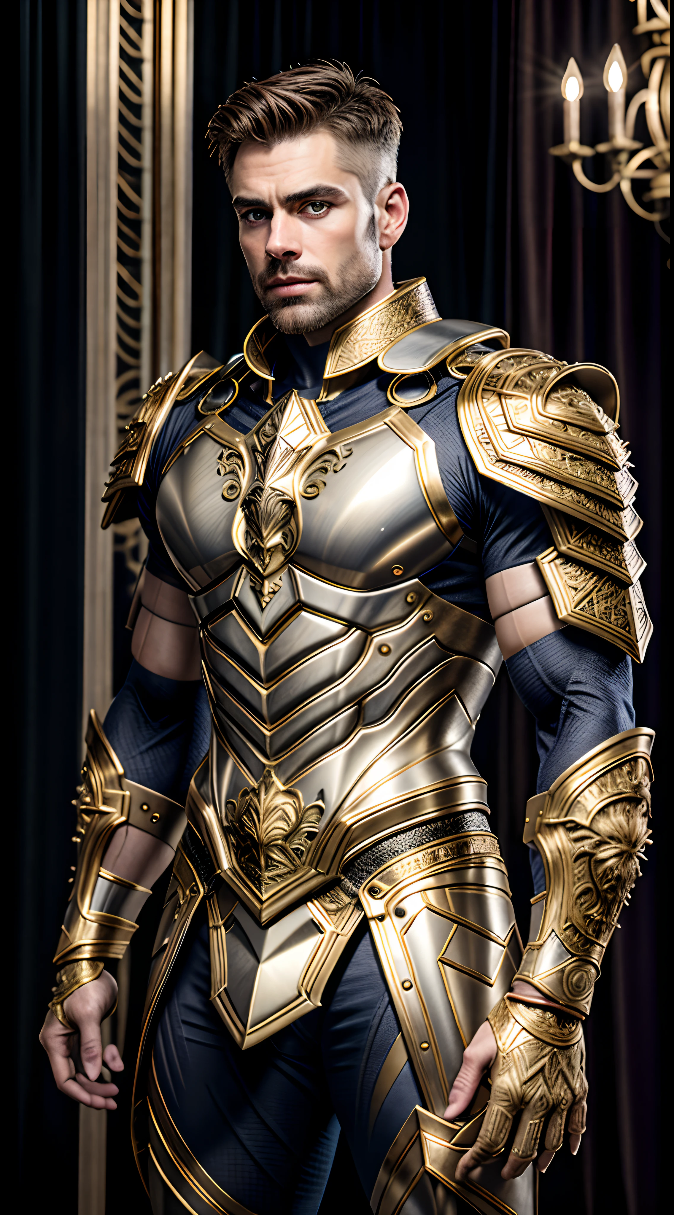 A photorealistic depiction of a (male) formidable warrior adorned in a gleaming suit of white and gold metal armor that exudes strength and opulence. The armor is immaculately polished, with a glossy finish that reflects the surroundings in remarkable detail. Every crease and contour of the armor is visible, showcasing the craftsmanship that went into its creation. The warrior stands with an air of confidence, ready for battle. The camera lens is a 135mm+, capturing the extraordinary level of detail in stunning 64K UHD resolution. The lighting is expertly controlled to emphasize the reflective qualities of the armor, creating a mesmerizing and lifelike image, (((masterpiece))), (high res), (photo realistic:1.4)