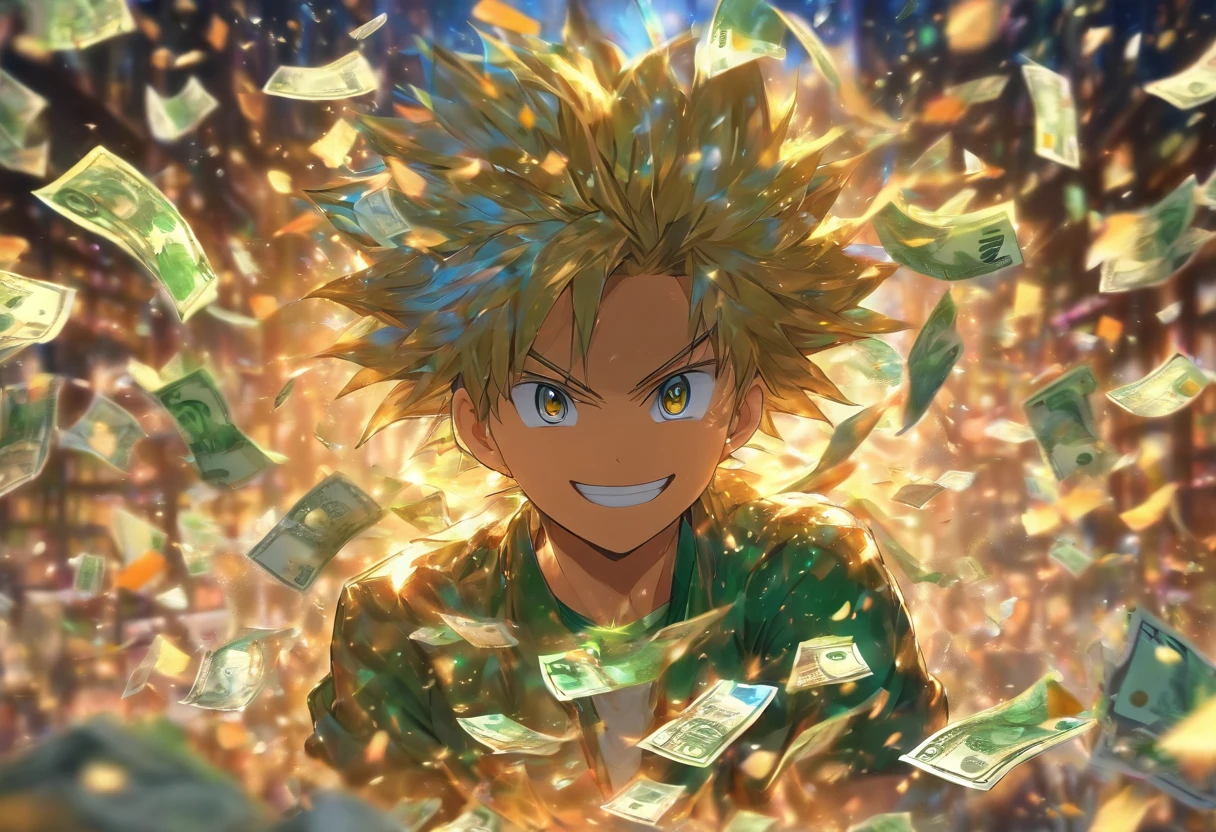 One Man,Smiling,Relaxing,goodlooking,In front of the computer,Behind him are a lot of banknotes falling like rain,Hold the cup only in your right hand,Lots of wad、Bright image、Clear facial expressions、Draw your finger clearly、