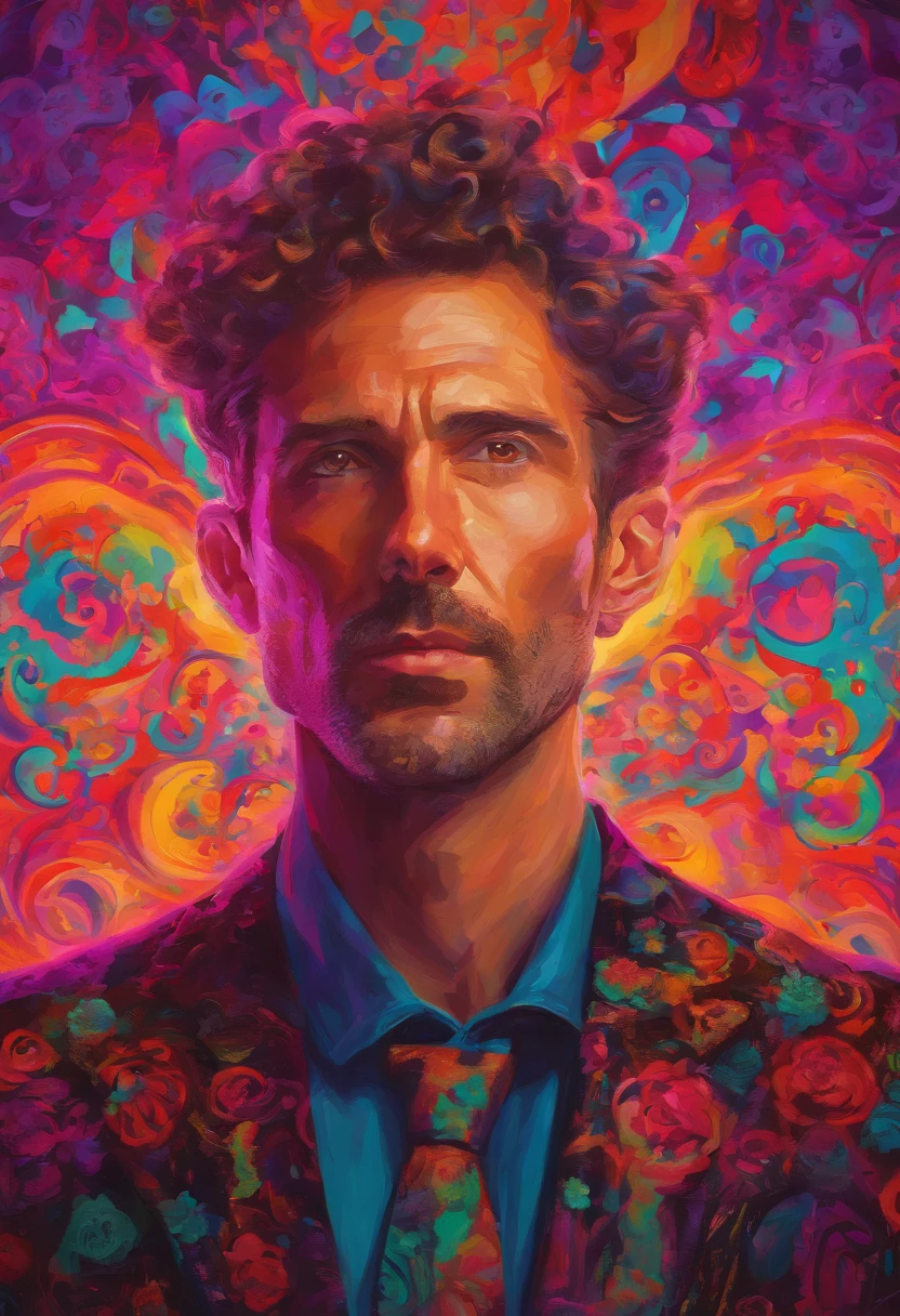 Cinematic portrait  photo, of a handsom man, tall and fit, 40 years old, (shaven:1.2) , short curly brown hair. dark brown tight velvet suit, (the jacket has black flower patterns:1.2). transgressive art, sharp focus, 8 k, octane render , saturated colors, pastel colors
