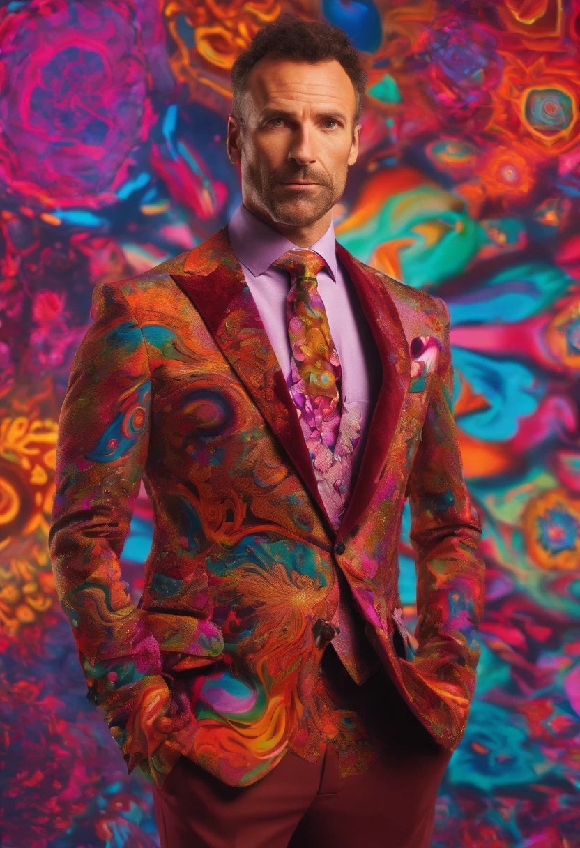 Cinematic portrait photo, of a handsom man, tall and fit, 40 years old, (shaven:1.2) , short curly brown hair. dark brown tight velvet suit, (the jacket has black flower patterns:1.2). transgressive art, sharp focus, 8 k, octane render , saturated colors, pastel colors