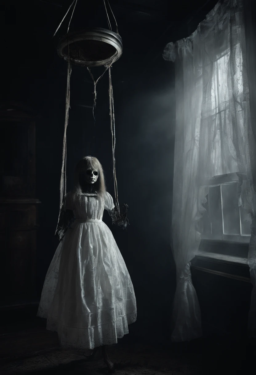 darkened room、Spooky doll in white dress hanging from ceiling