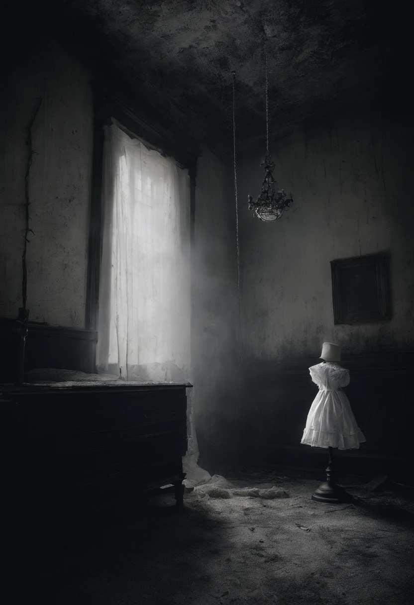 darkened room、Spooky doll in white dress hanging from ceiling