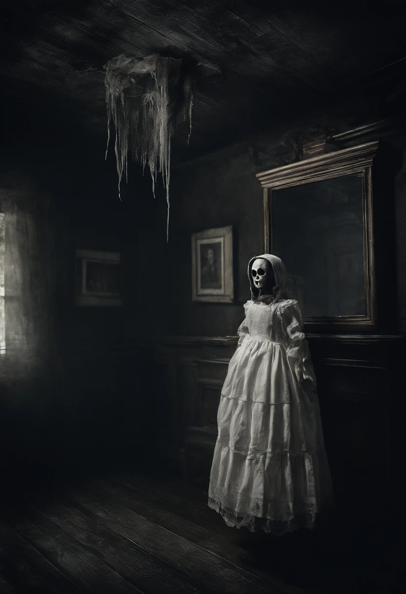 darkened room、Spooky doll in white dress hanging from ceiling