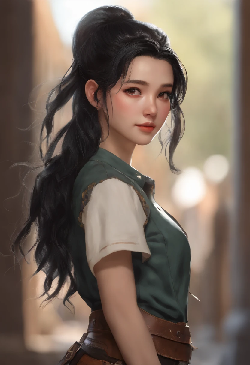 JK skirt, black hair, ahoge, ponytail, twintails, sidelocks, wet hair, mole under eye, heart-shaped pupils, light smile, Contemporary art, cowboy shot, from side, anatomically correct, super detail, high details, highres